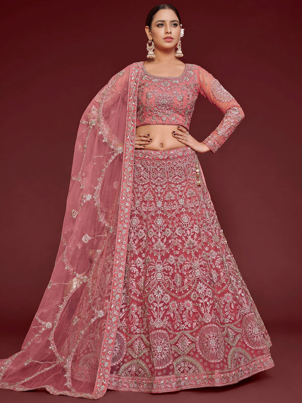 Cute Rose Pink Embroidered Soft Net Traditional Lehenga Choli