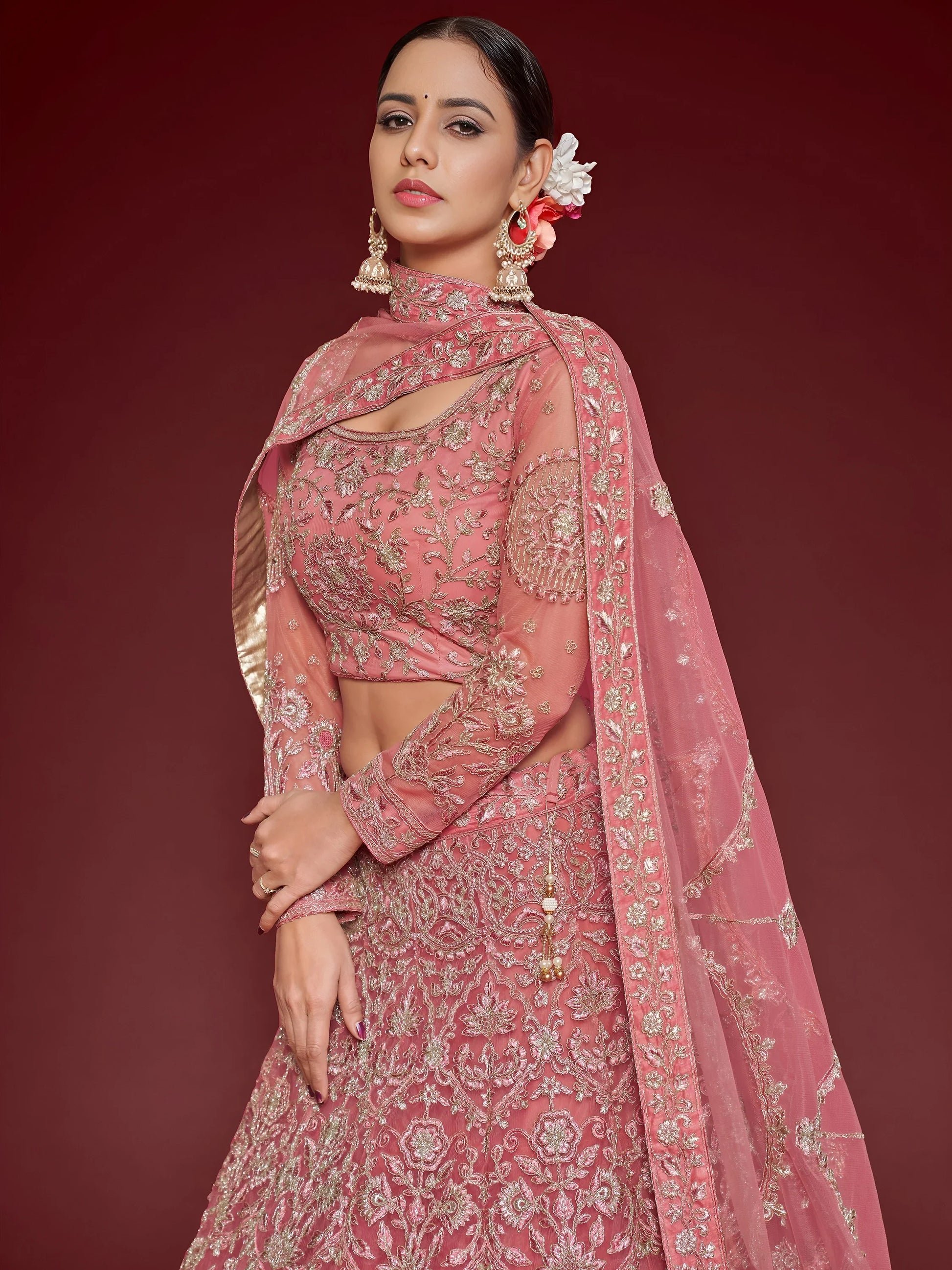 Cute Rose Pink Embroidered Soft Net Traditional Lehenga Choli