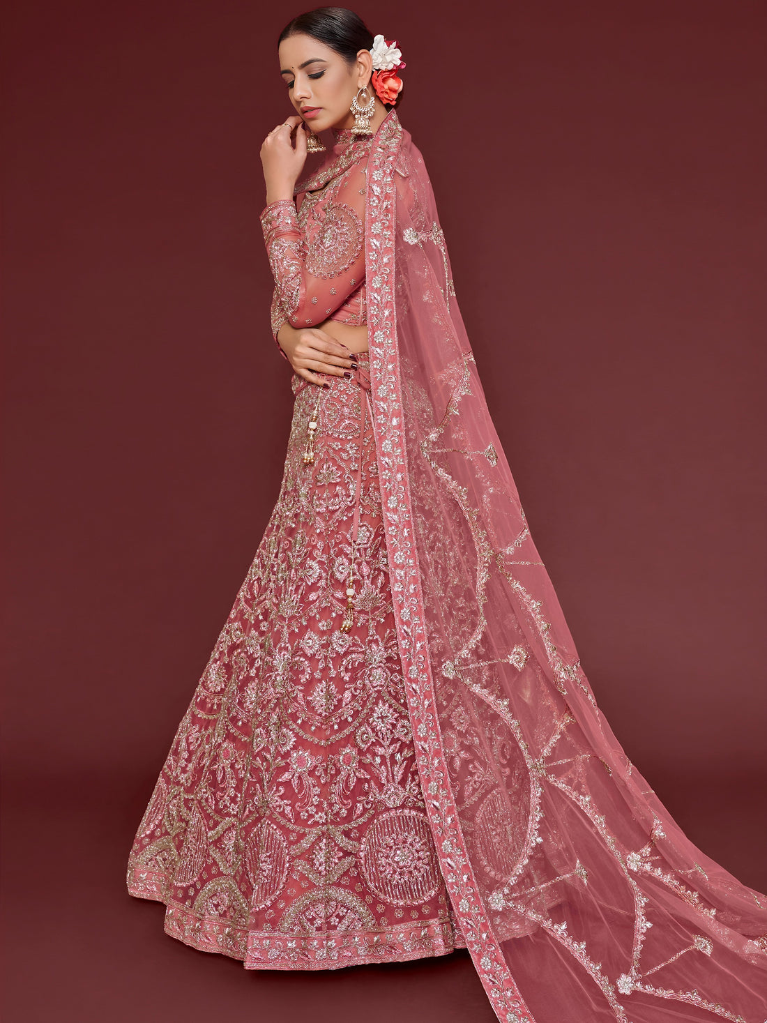Cute Rose Pink Embroidered Soft Net Traditional Lehenga Choli