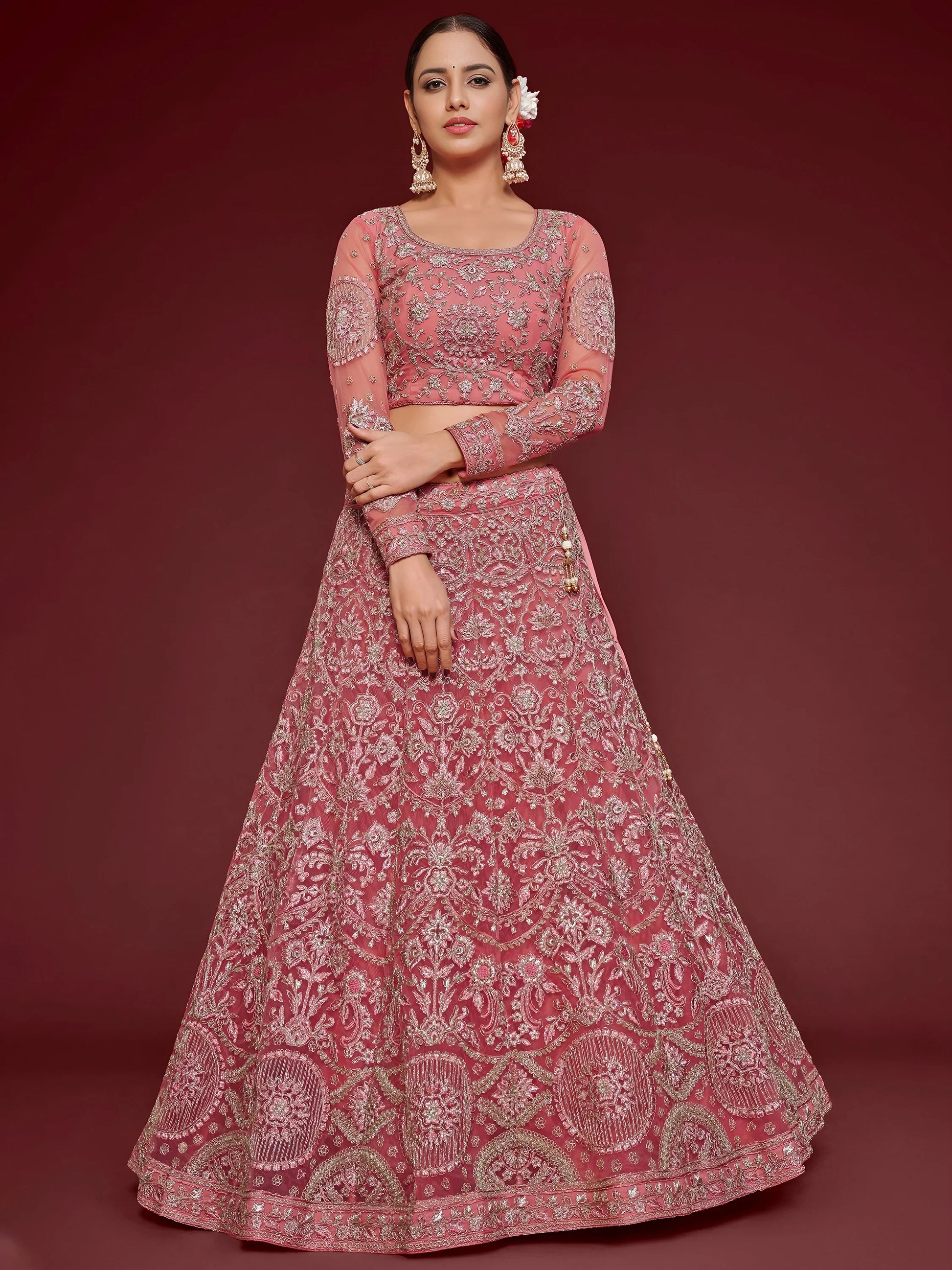 Cute Rose Pink Embroidered Soft Net Traditional Lehenga Choli
