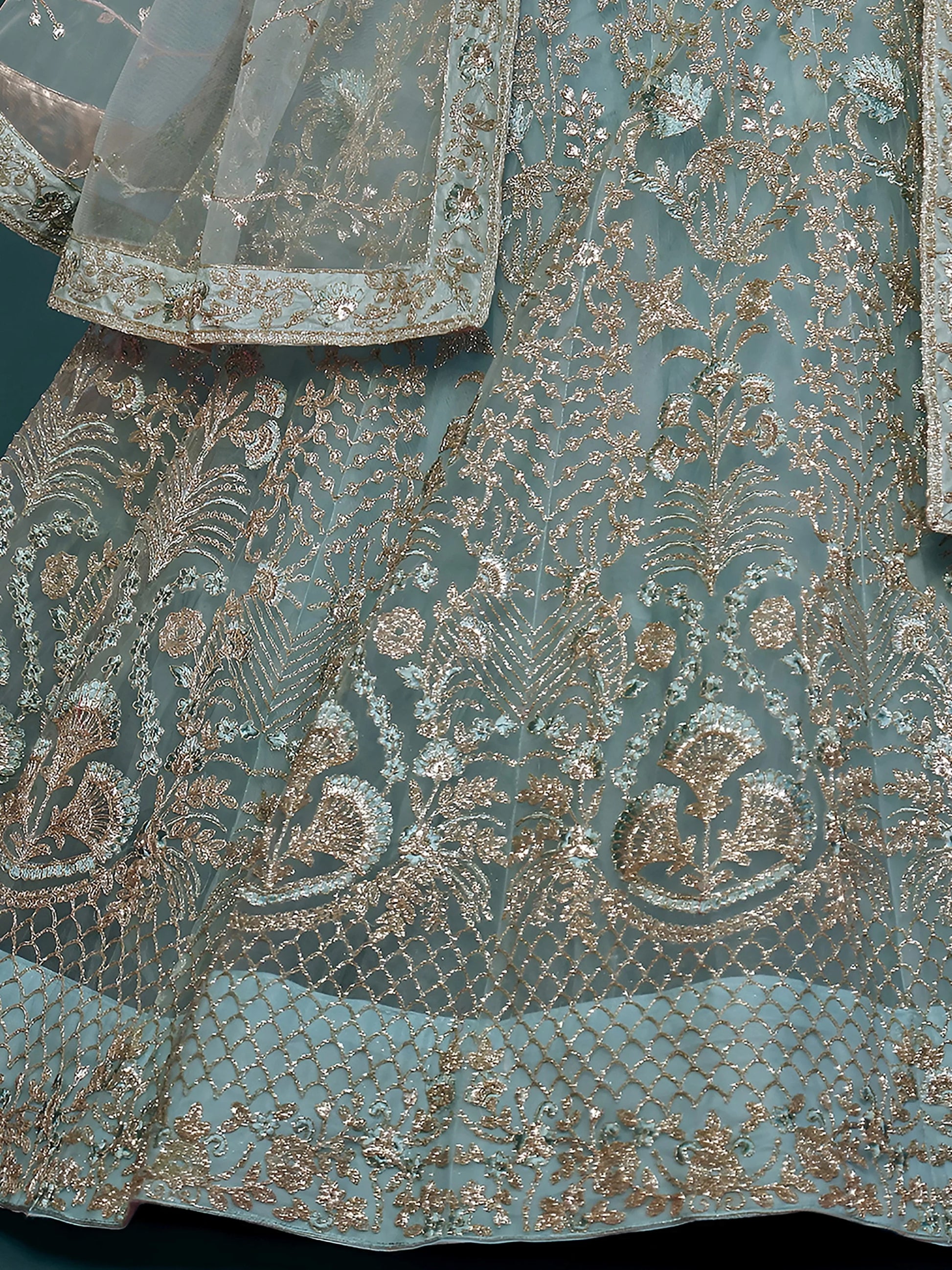 Fetching Aqua Blue Embroidered Soft Net Lehenga Choli With Dupatta