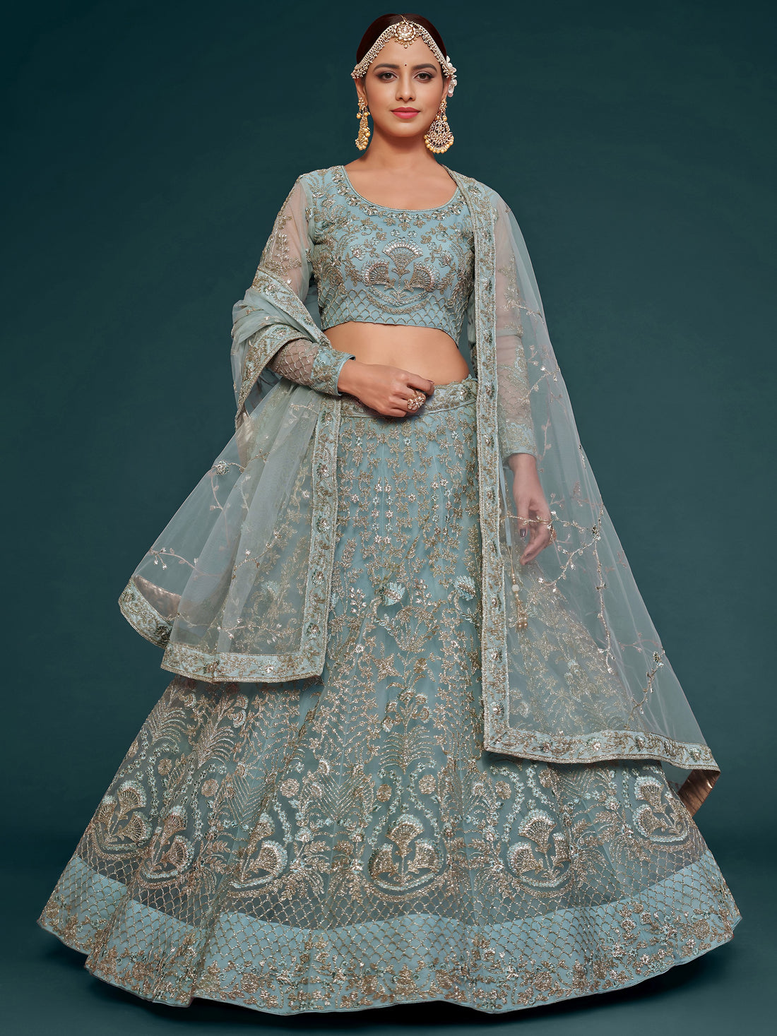 Fetching Aqua Blue Embroidered Soft Net Lehenga Choli With Dupatta