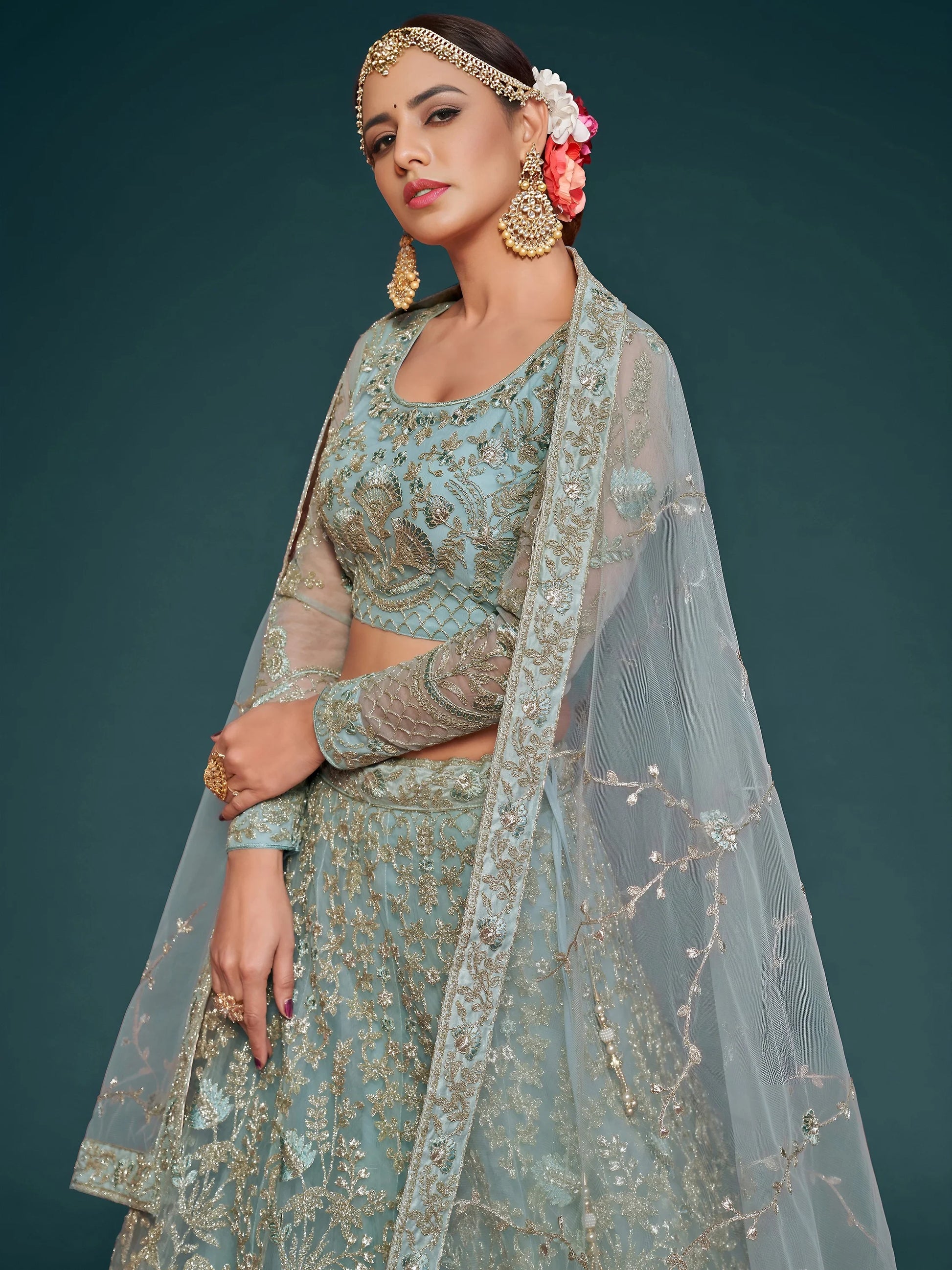 Fetching Aqua Blue Embroidered Soft Net Lehenga Choli With Dupatta