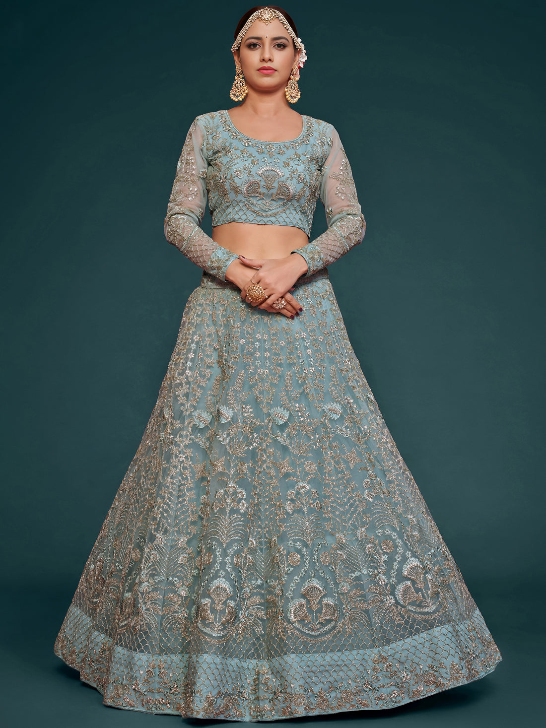 Fetching Aqua Blue Embroidered Soft Net Lehenga Choli With Dupatta