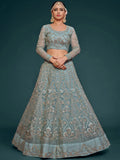 Fetching Aqua Blue Embroidered Soft Net Lehenga Choli With Dupatta