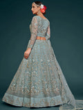 Fetching Aqua Blue Embroidered Soft Net Lehenga Choli With Dupatta
