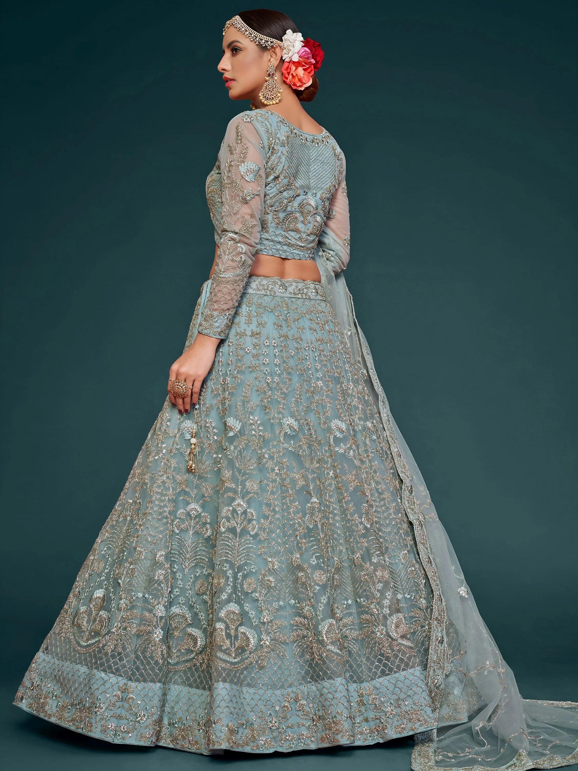 Fetching Aqua Blue Embroidered Soft Net Lehenga Choli With Dupatta