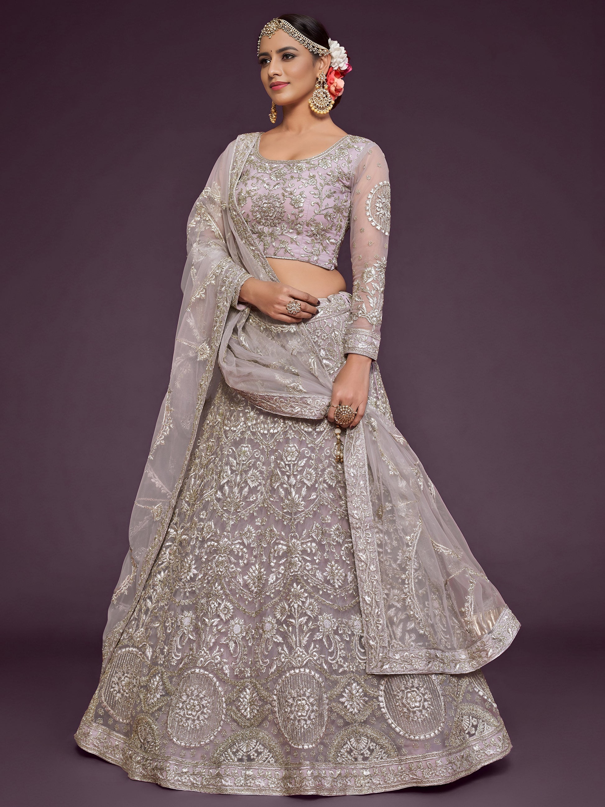 Precious Lilac Embroidered Soft Net Lehenga Choli With Dupatta
