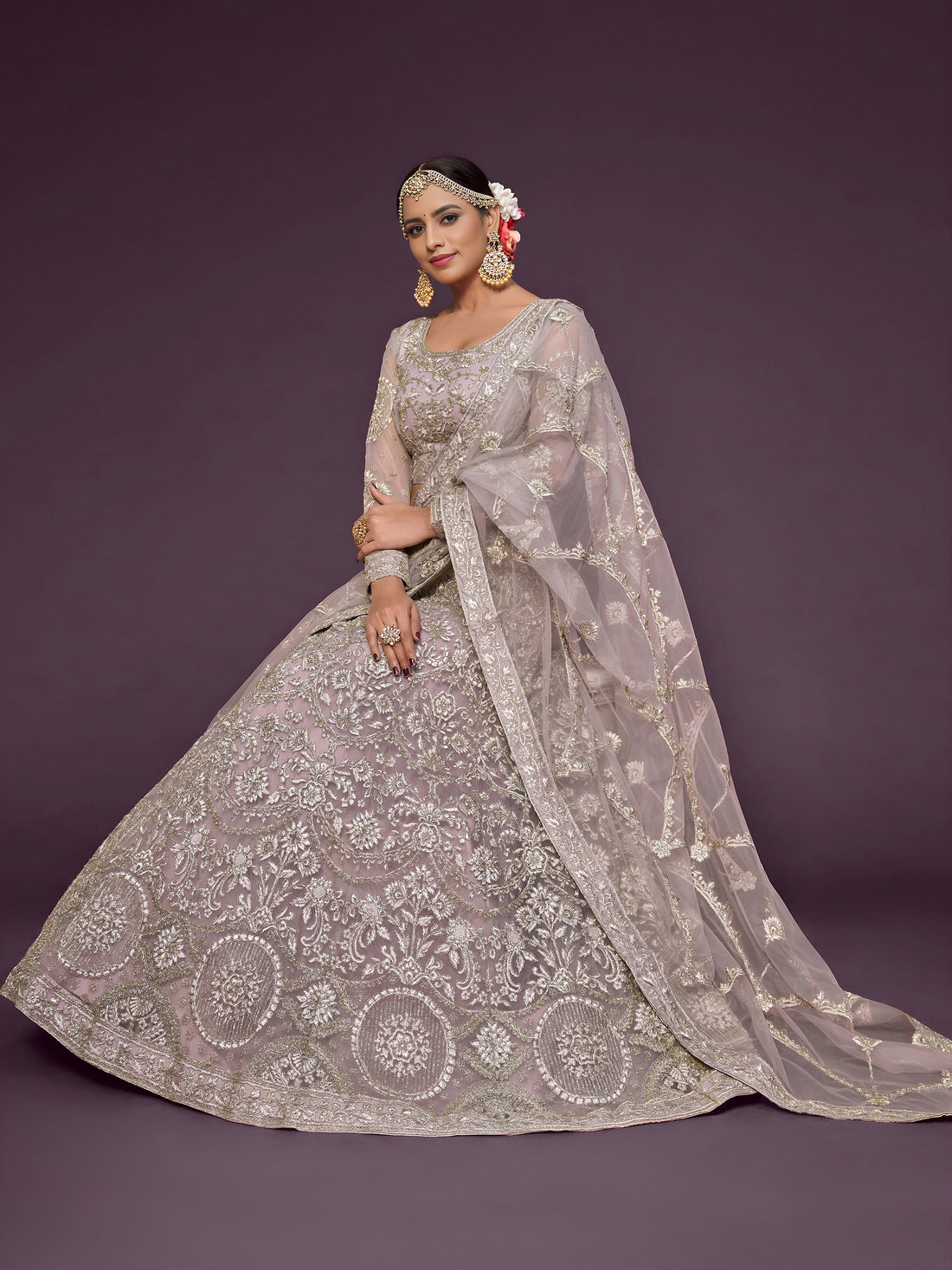 Precious Lilac Embroidered Soft Net Lehenga Choli With Dupatta