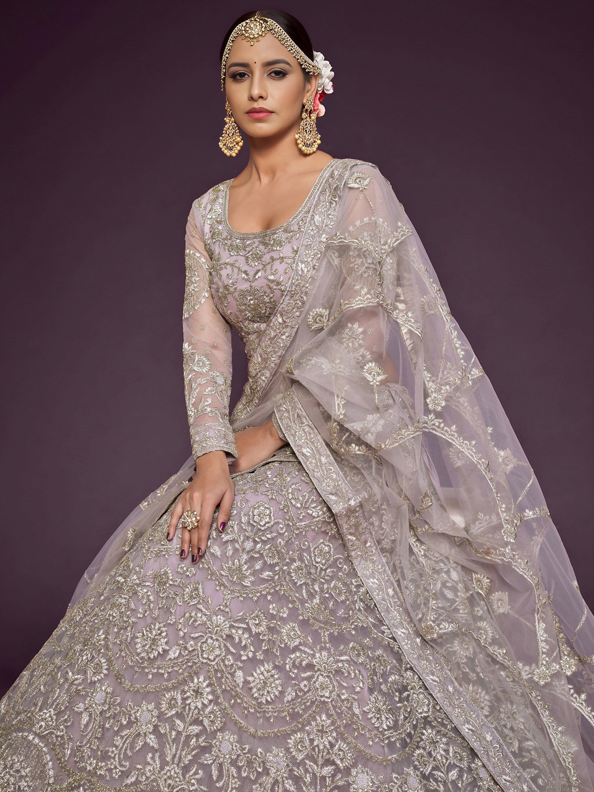 Precious Lilac Embroidered Soft Net Lehenga Choli With Dupatta