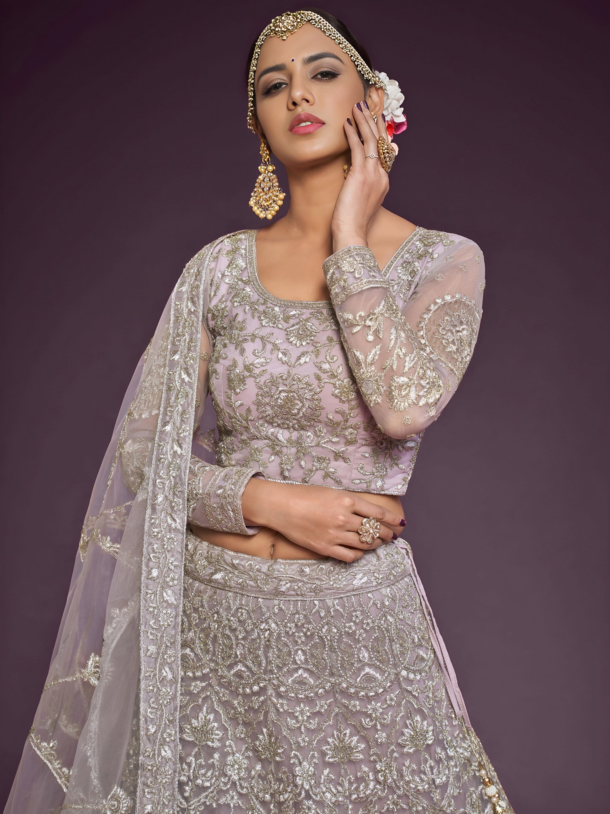 Precious Lilac Embroidered Soft Net Lehenga Choli With Dupatta