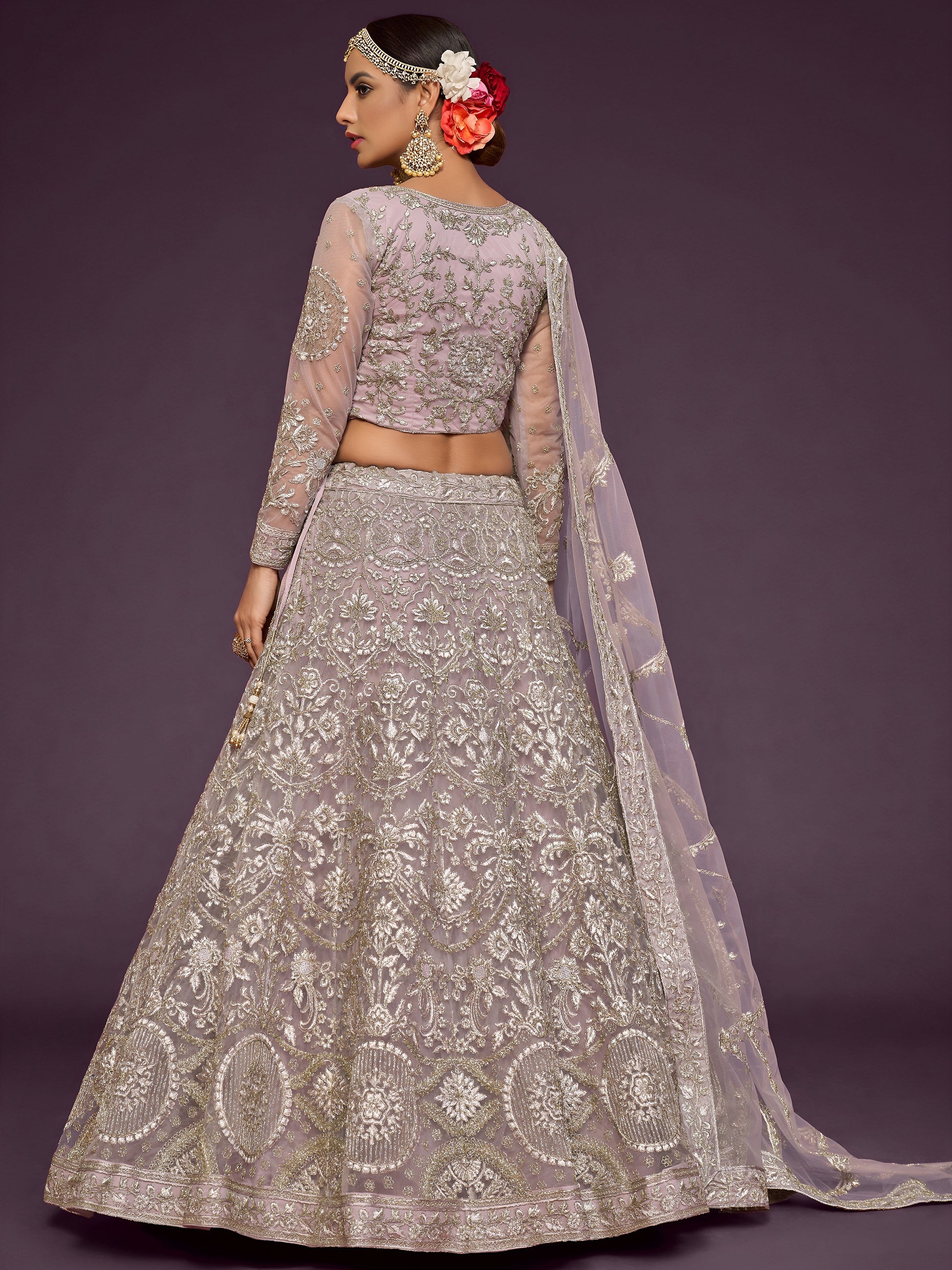 Precious Lilac Embroidered Soft Net Lehenga Choli With Dupatta