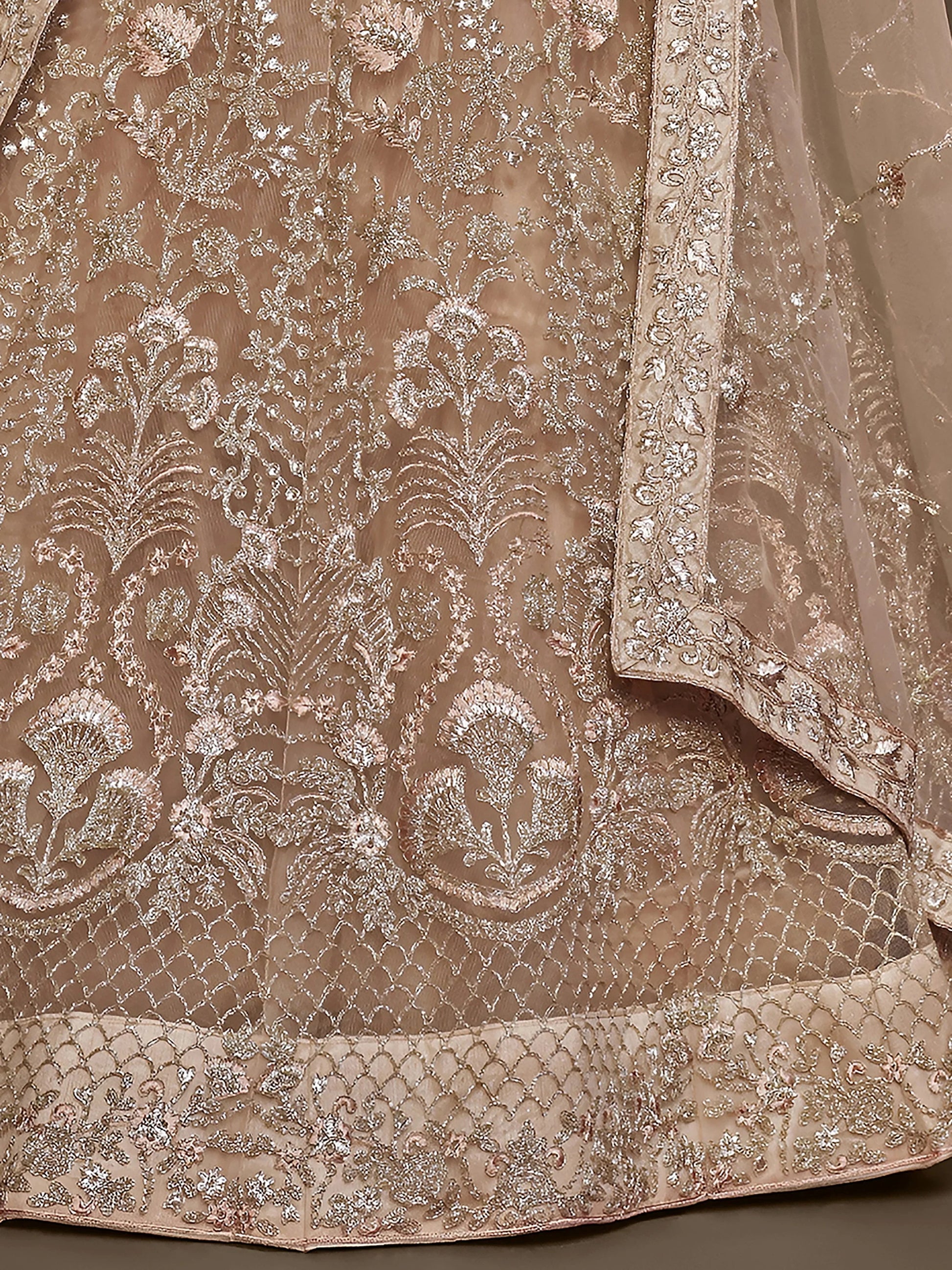 Cute Royal Beige Embroidered Soft Net Engagement Wear Lehenga Choli