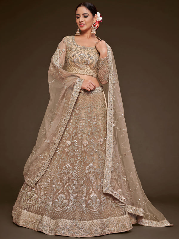 Cute Royal Beige Embroidered Soft Net Engagement Wear Lehenga Choli