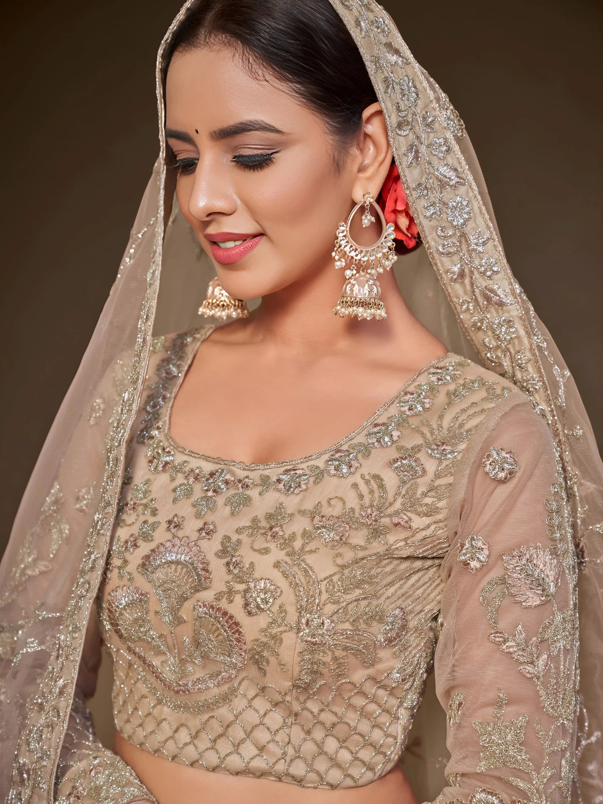 Cute Royal Beige Embroidered Soft Net Engagement Wear Lehenga Choli