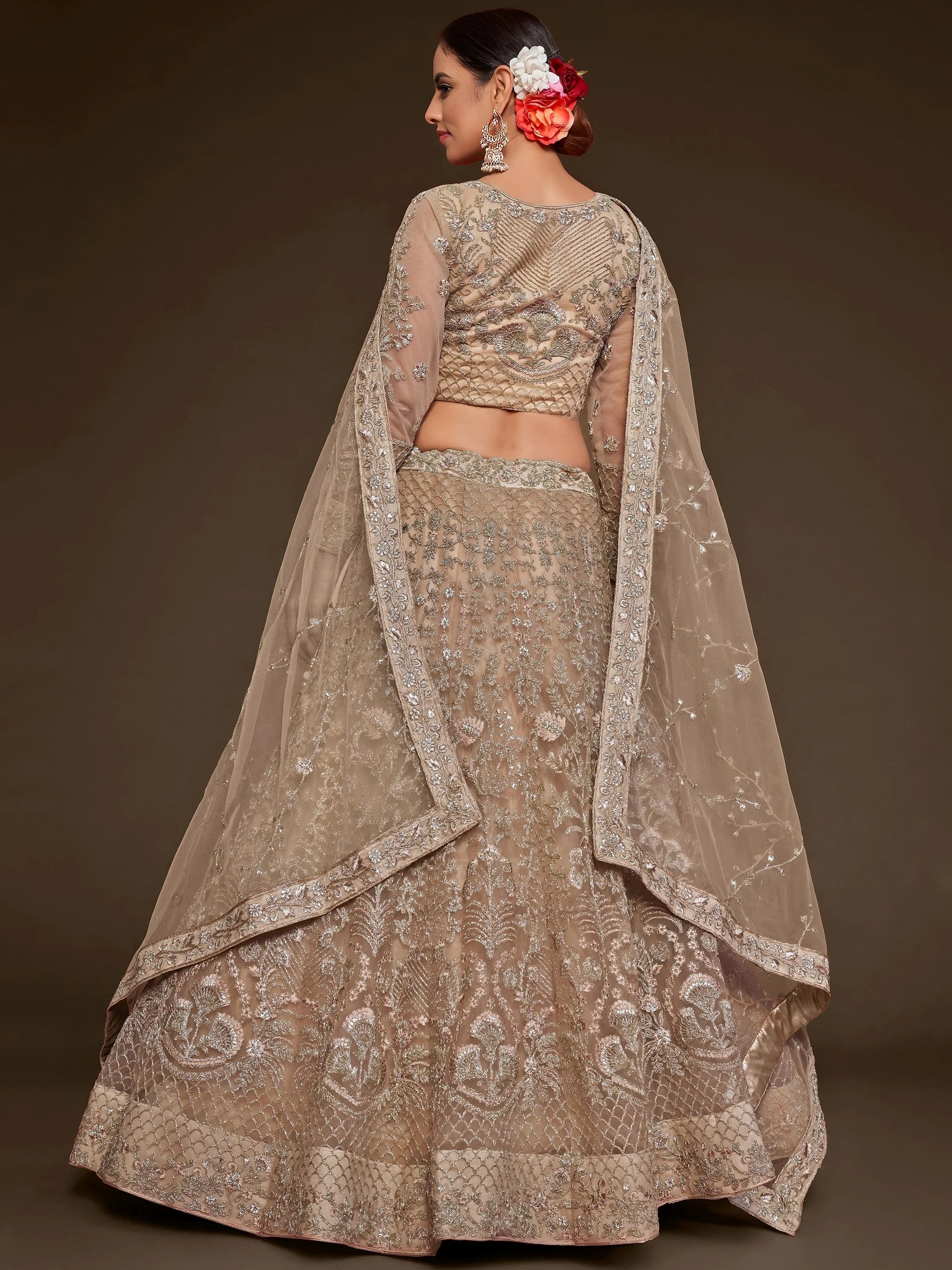 Cute Royal Beige Embroidered Soft Net Engagement Wear Lehenga Choli