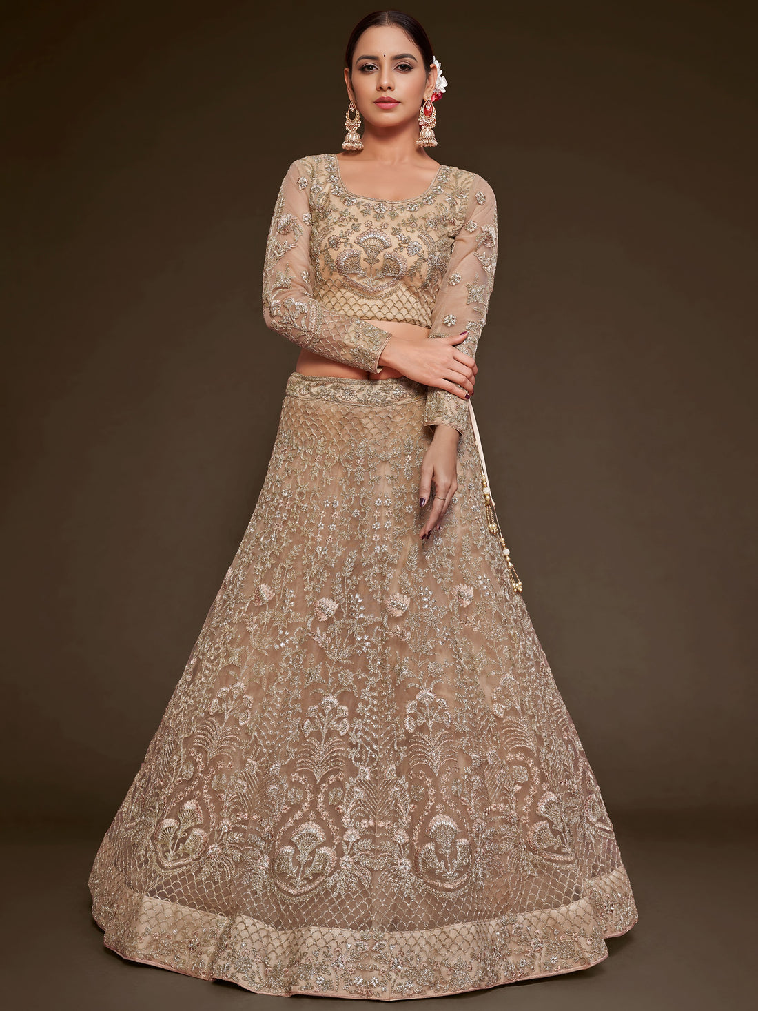 Cute Royal Beige Embroidered Soft Net Engagement Wear Lehenga Choli