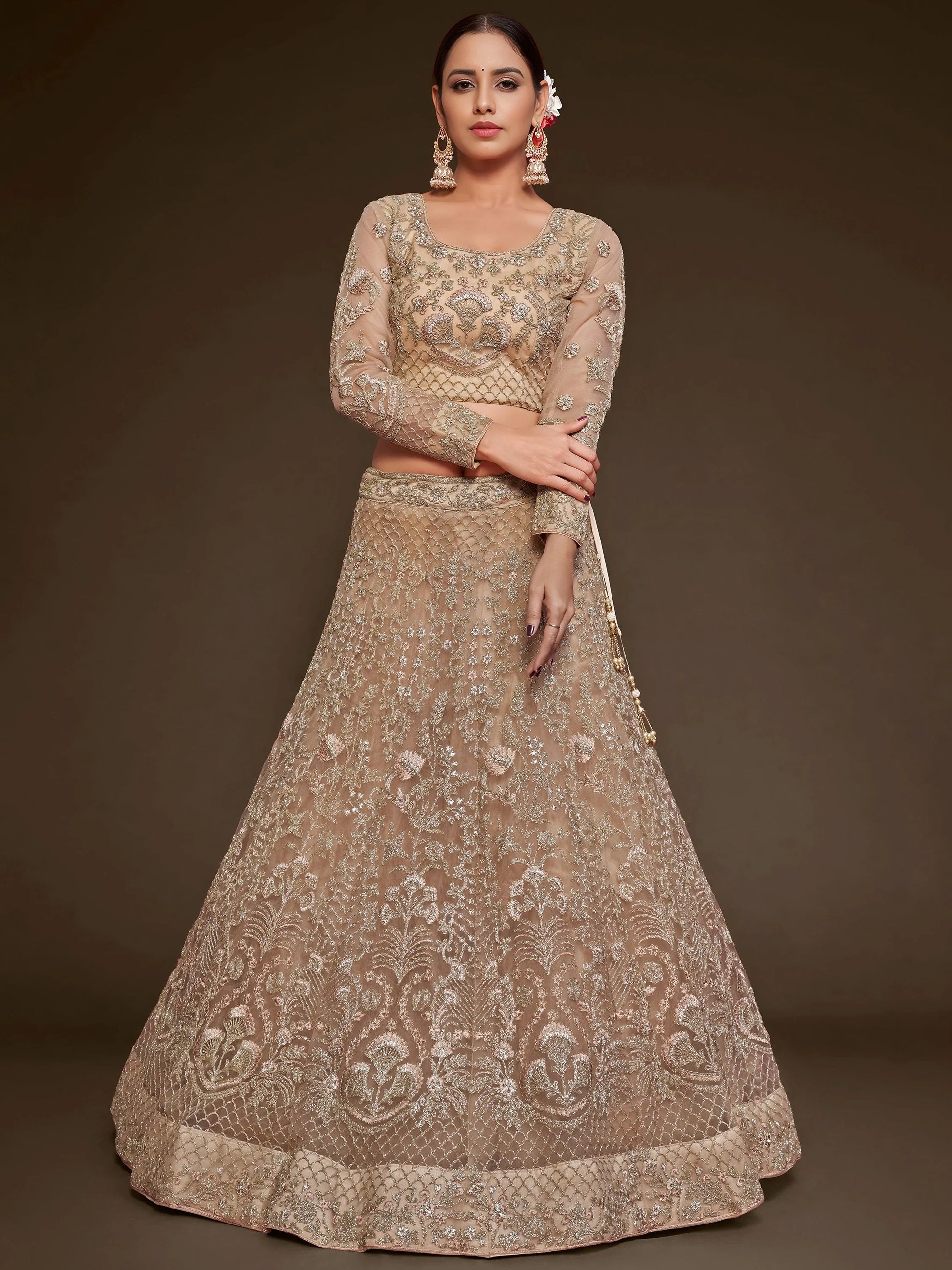 Cute Royal Beige Embroidered Soft Net Engagement Wear Lehenga Choli
