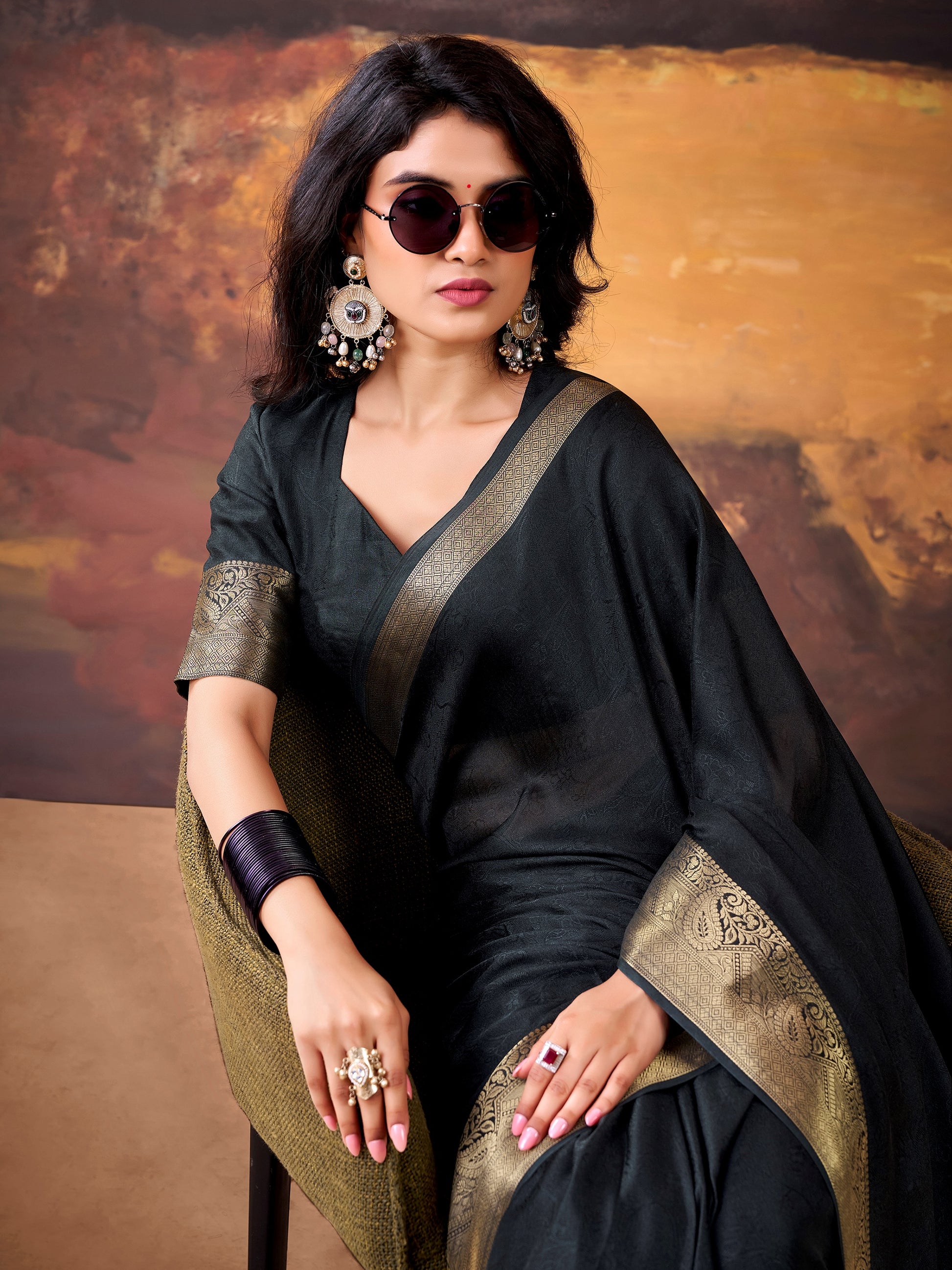 Magnificent Black Zari Weaving Georgette  Festive Wear Saree With Blouse
