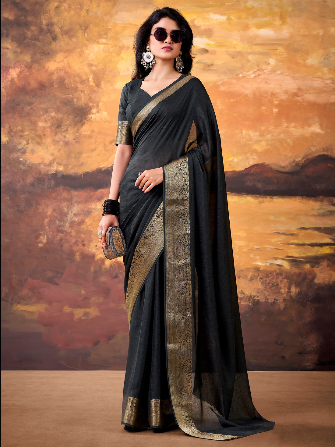 Magnificent Black Zari Weaving Georgette  Festive Wear Saree With Blouse
