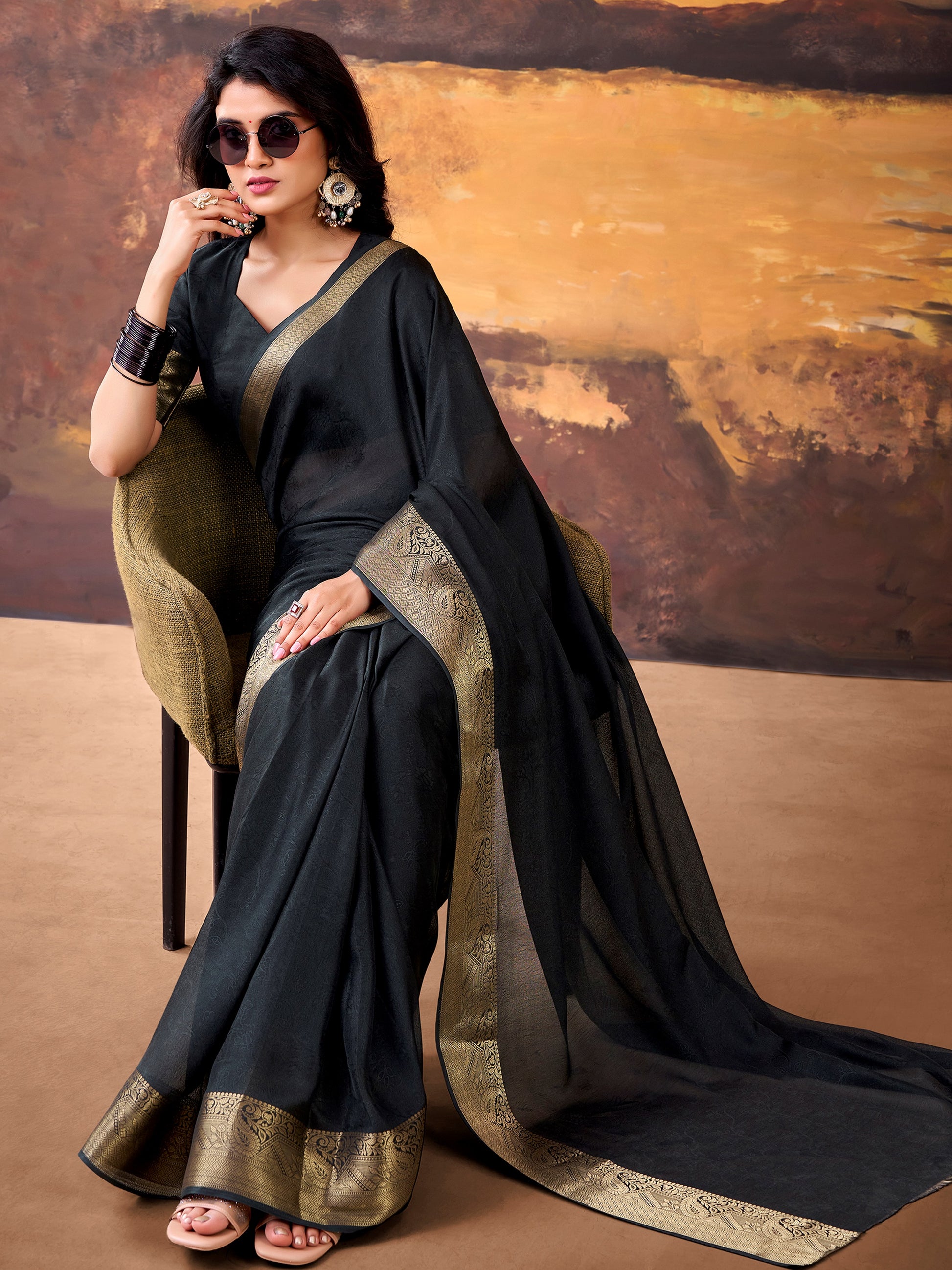 Magnificent Black Zari Weaving Georgette  Festive Wear Saree With Blouse