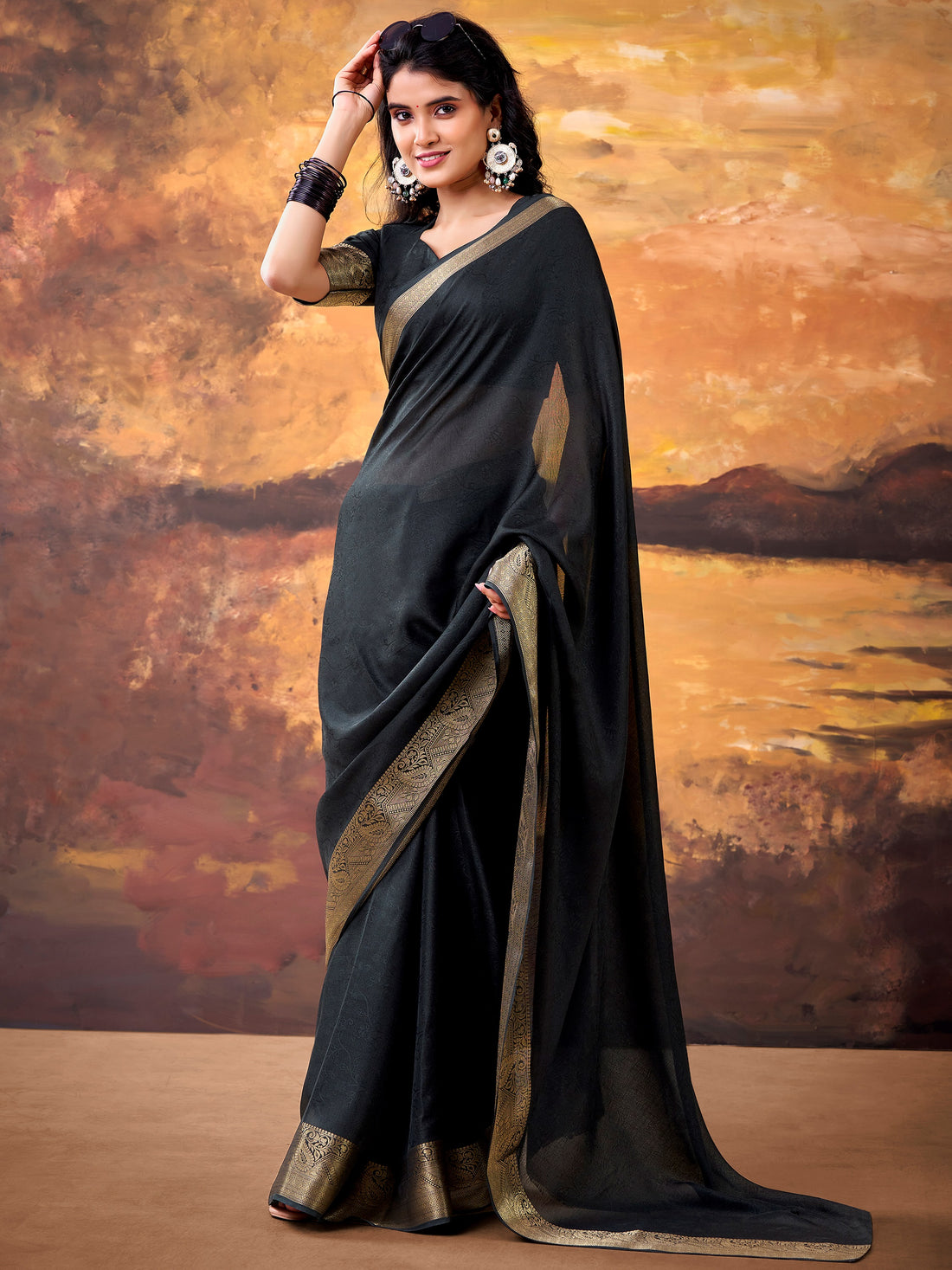 Magnificent Black Zari Weaving Georgette  Festive Wear Saree With Blouse