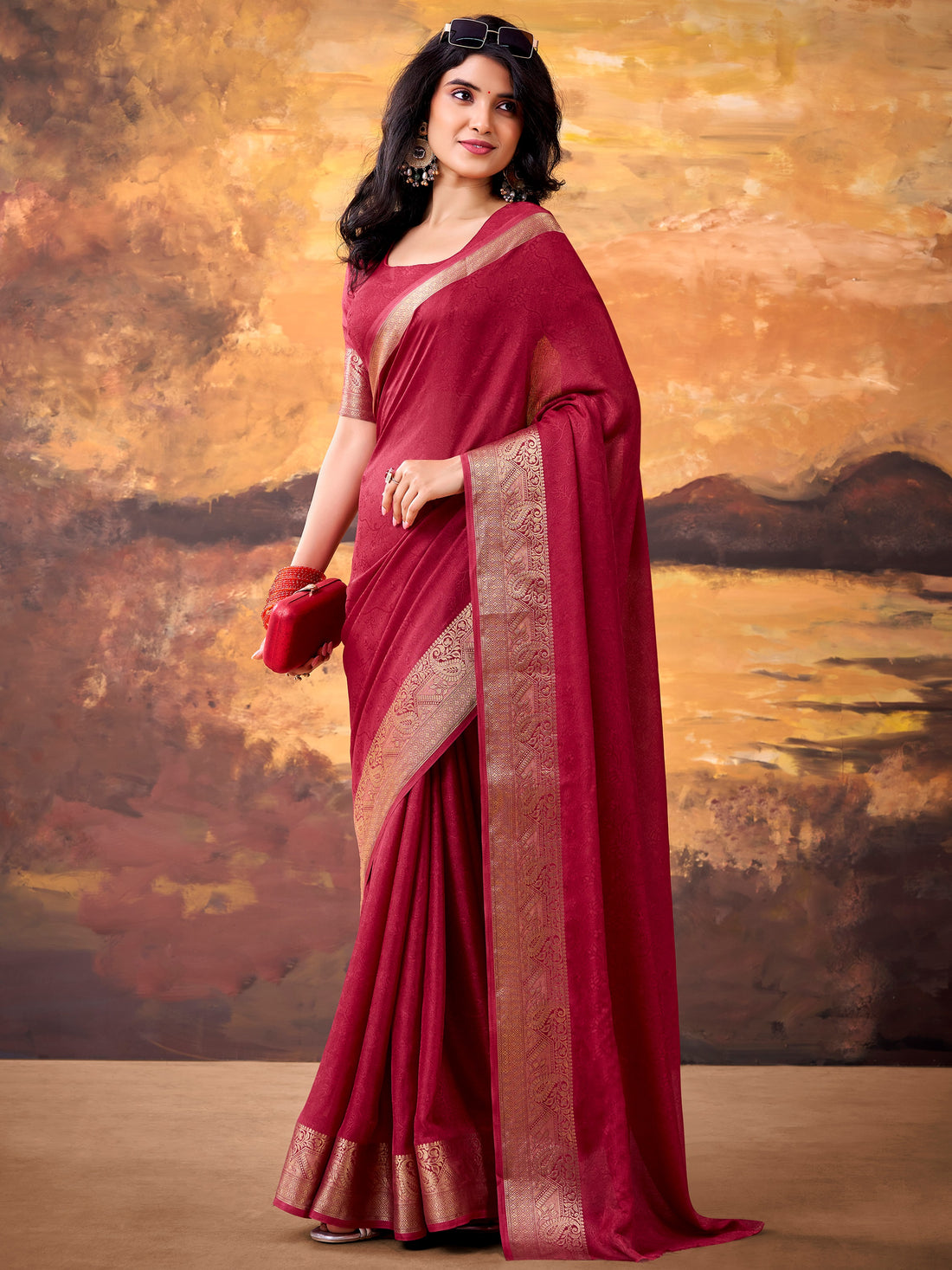 Incredible Red Zari Weaving Georgette  Festive Wear Saree With Blouse