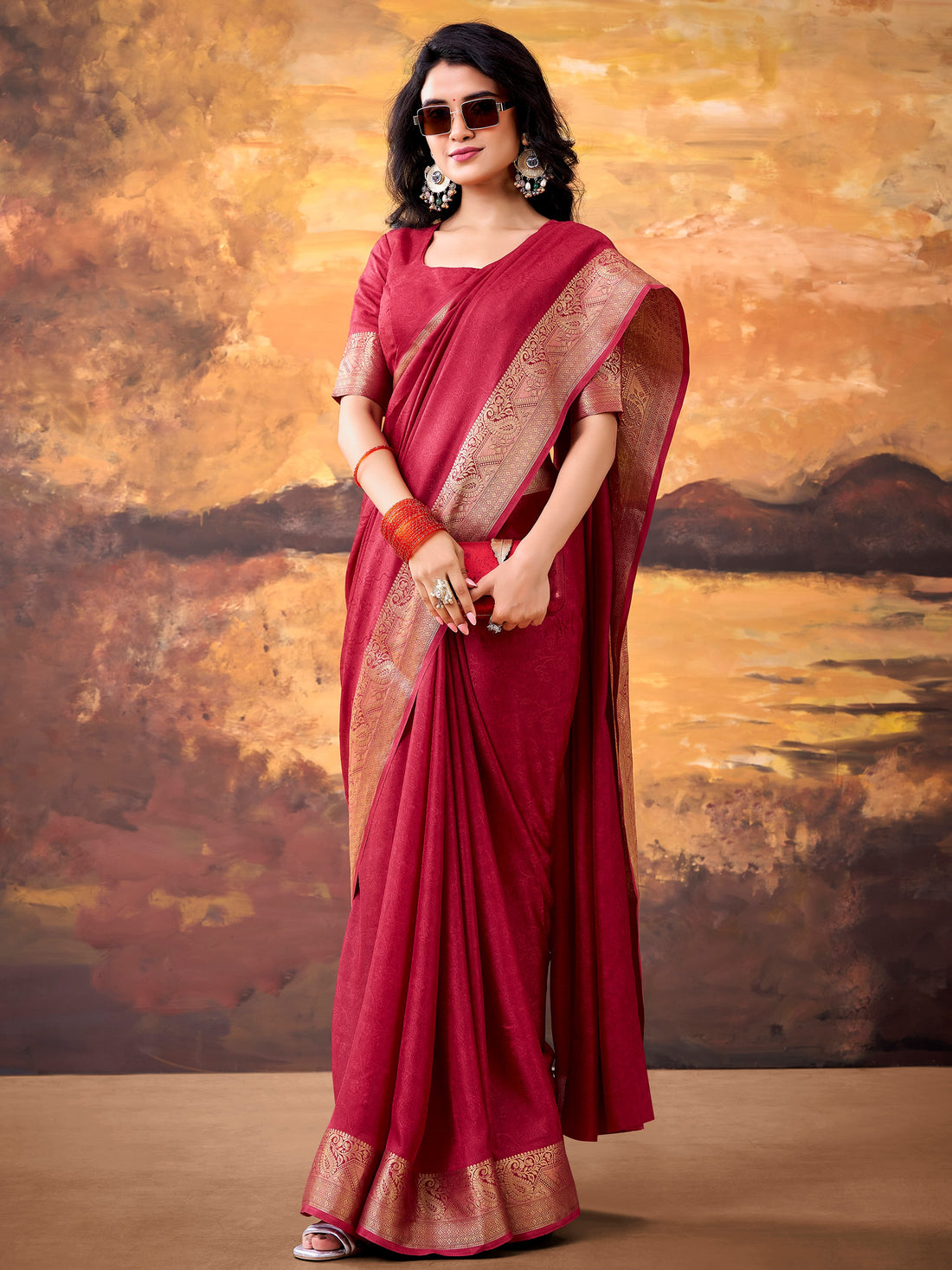 Incredible Red Zari Weaving Georgette  Festive Wear Saree With Blouse