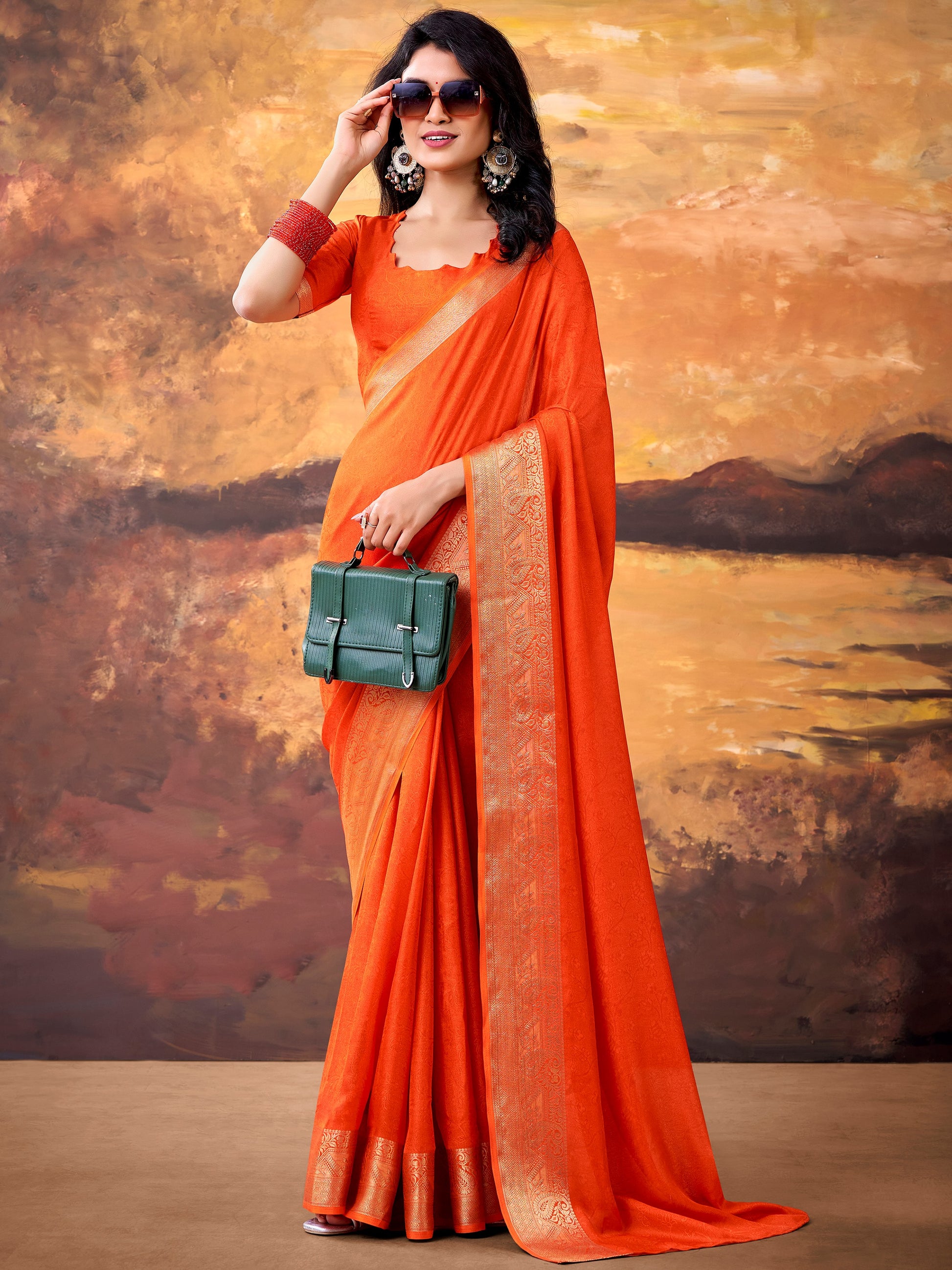 Gorgeous Orange Zari Weaving Georgette  Festive Wear Saree With Blouse