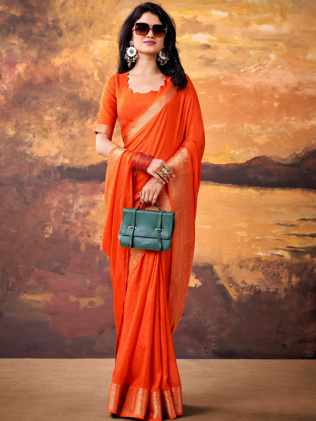 Gorgeous Orange Zari Weaving Georgette  Festive Wear Saree With Blouse