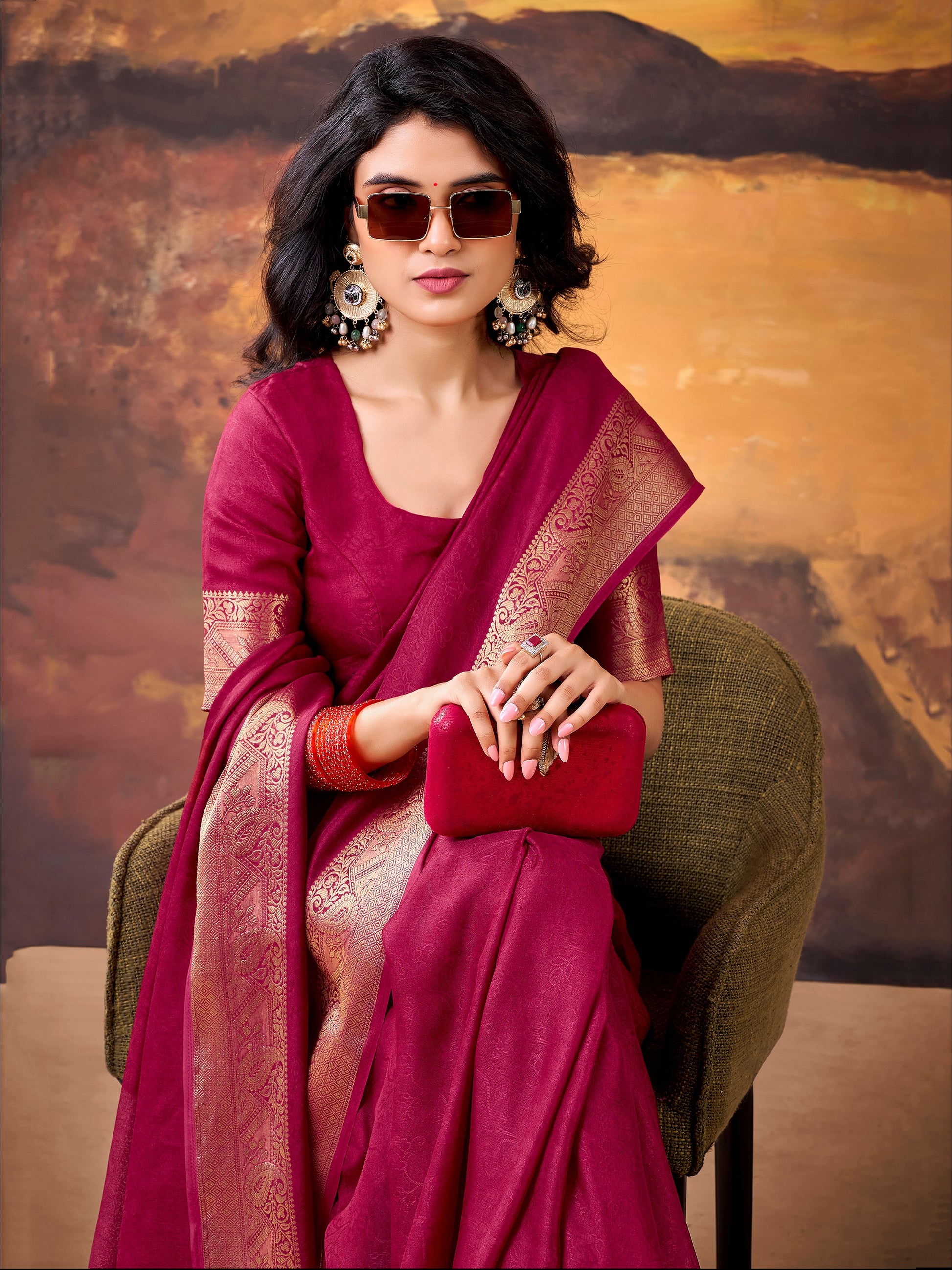 Outstanding Rani Pink Zari Weaving Georgette  Festive Wear Saree With Blouse