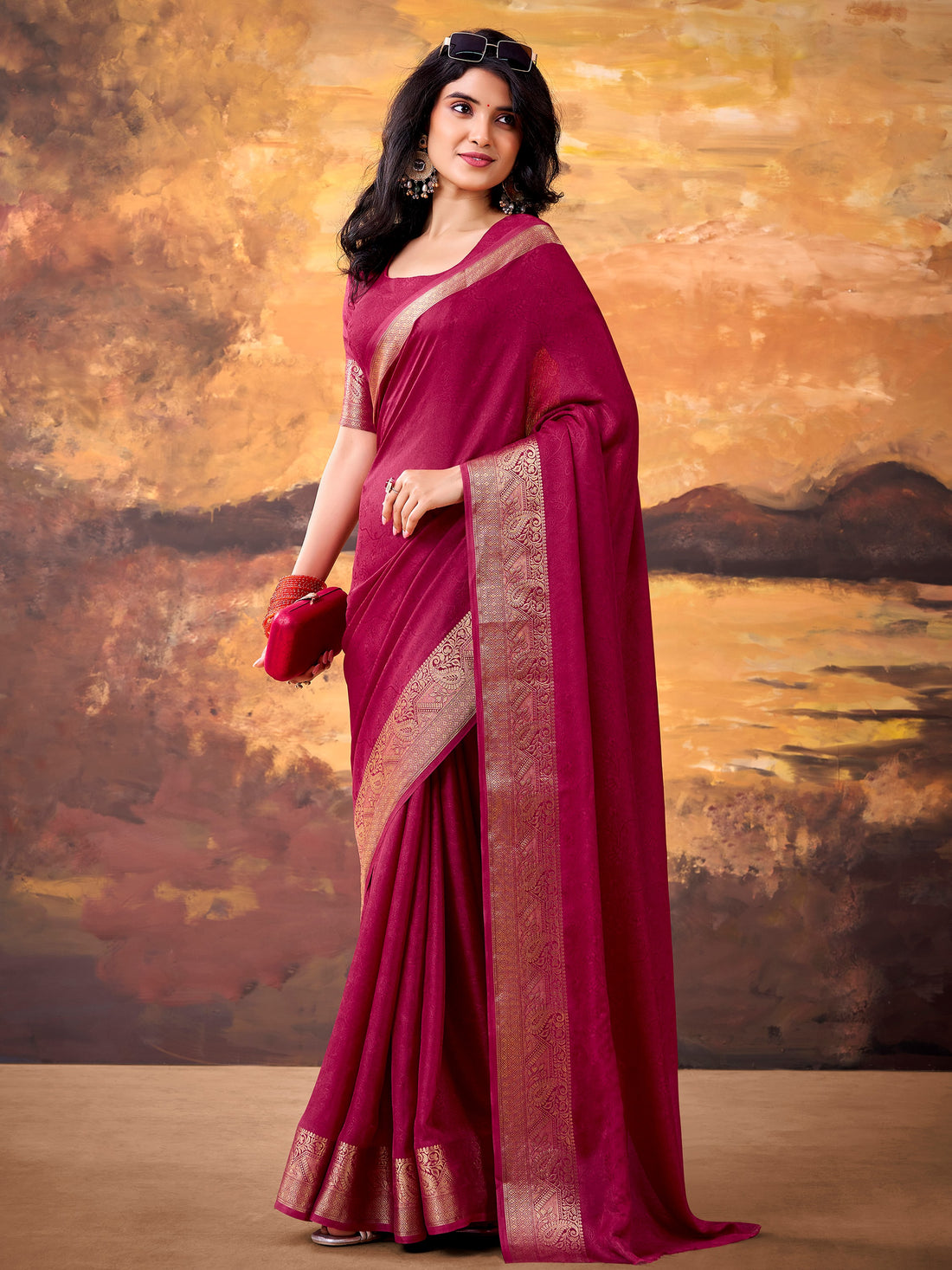 Outstanding Rani Pink Zari Weaving Georgette  Festive Wear Saree With Blouse