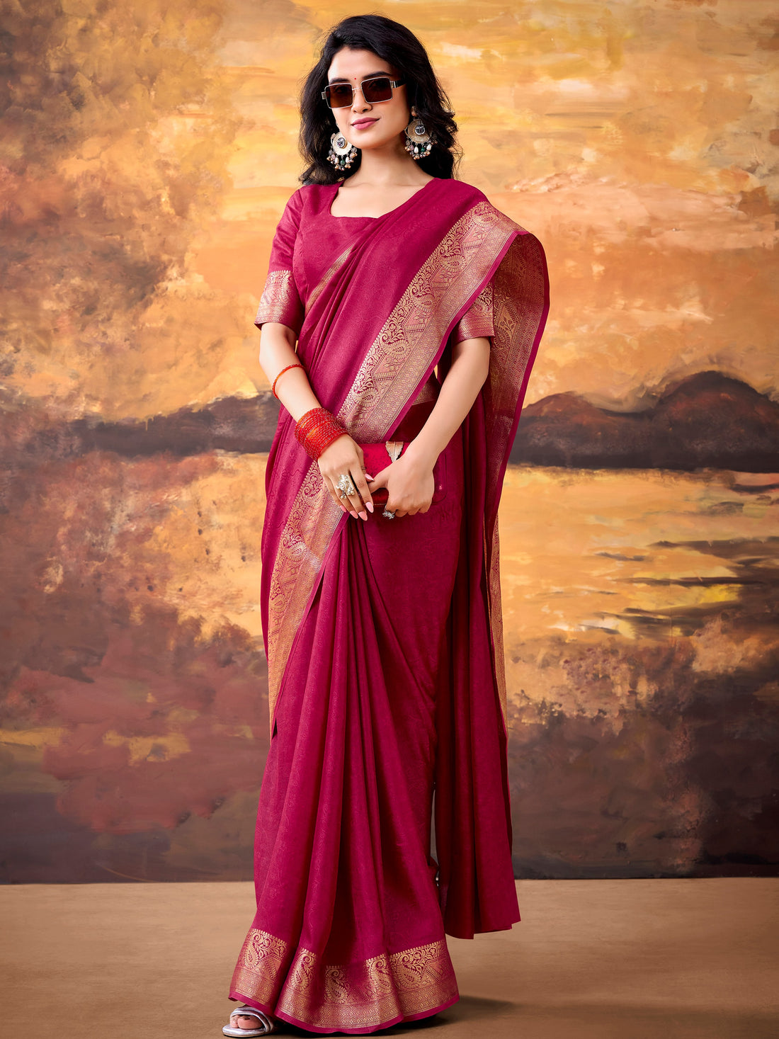 Outstanding Rani Pink Zari Weaving Georgette  Festive Wear Saree With Blouse