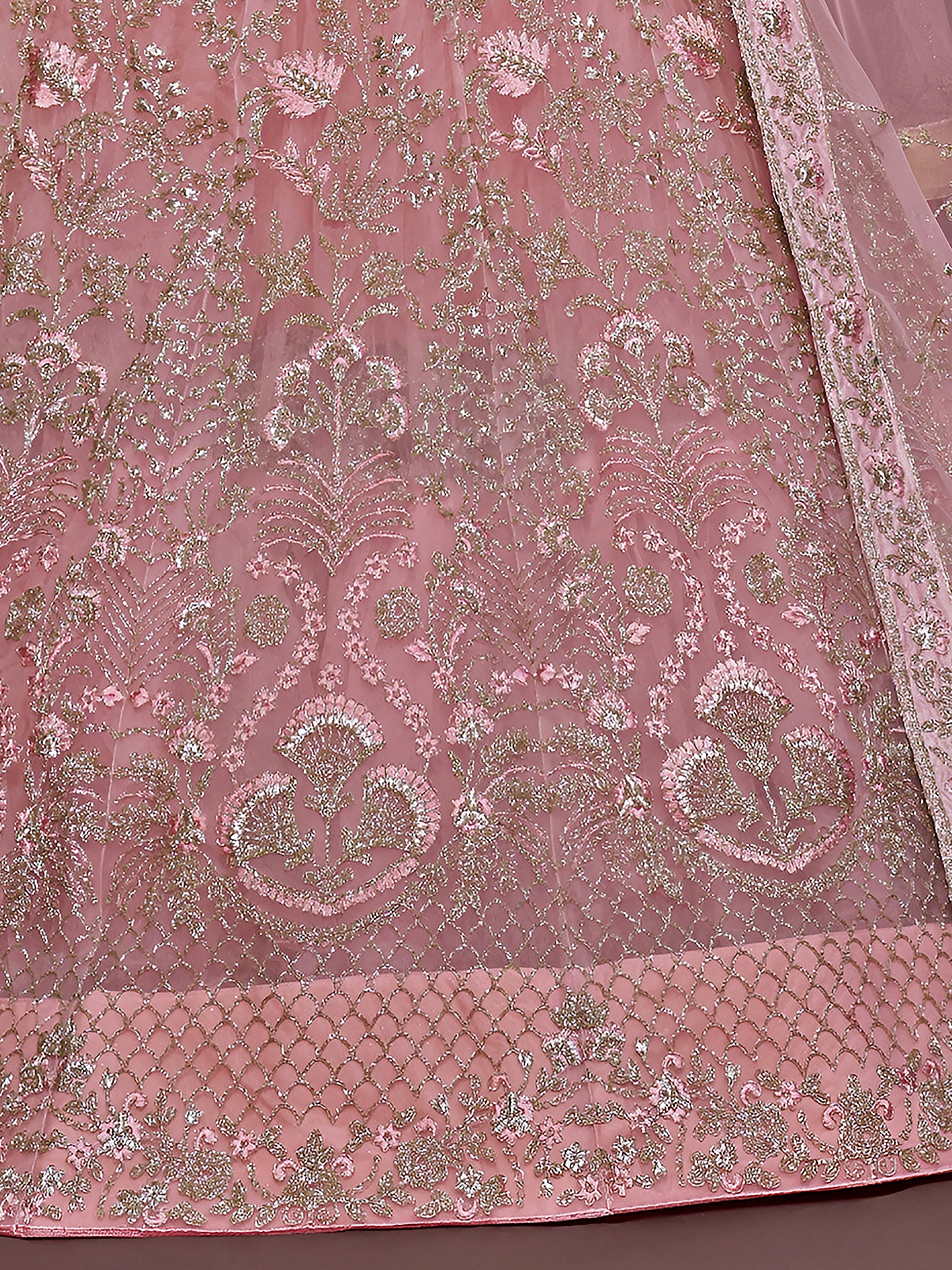Appealing Pearl Pink Embroidered Soft Net Wedding Wear Lehenga Choli