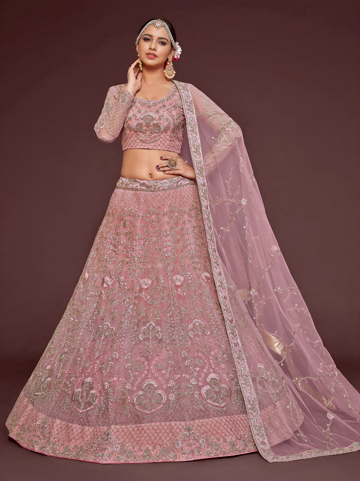 Appealing Pearl Pink Embroidered Soft Net Wedding Wear Lehenga Choli
