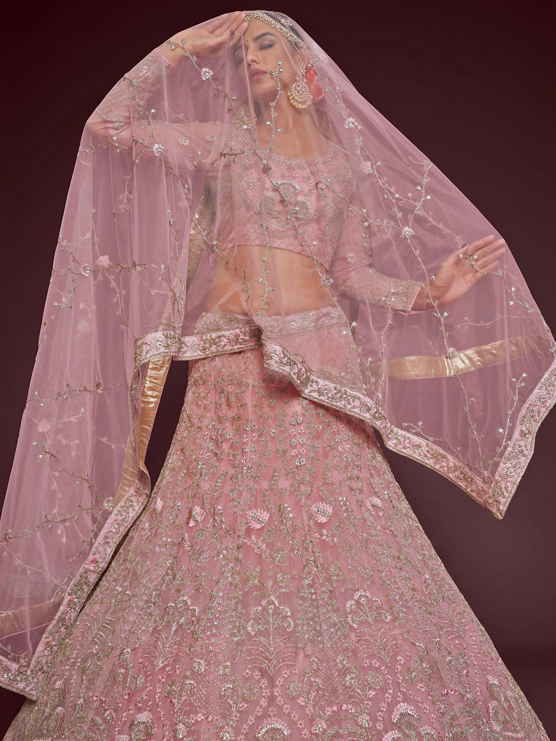 Appealing Pearl Pink Embroidered Soft Net Wedding Wear Lehenga Choli