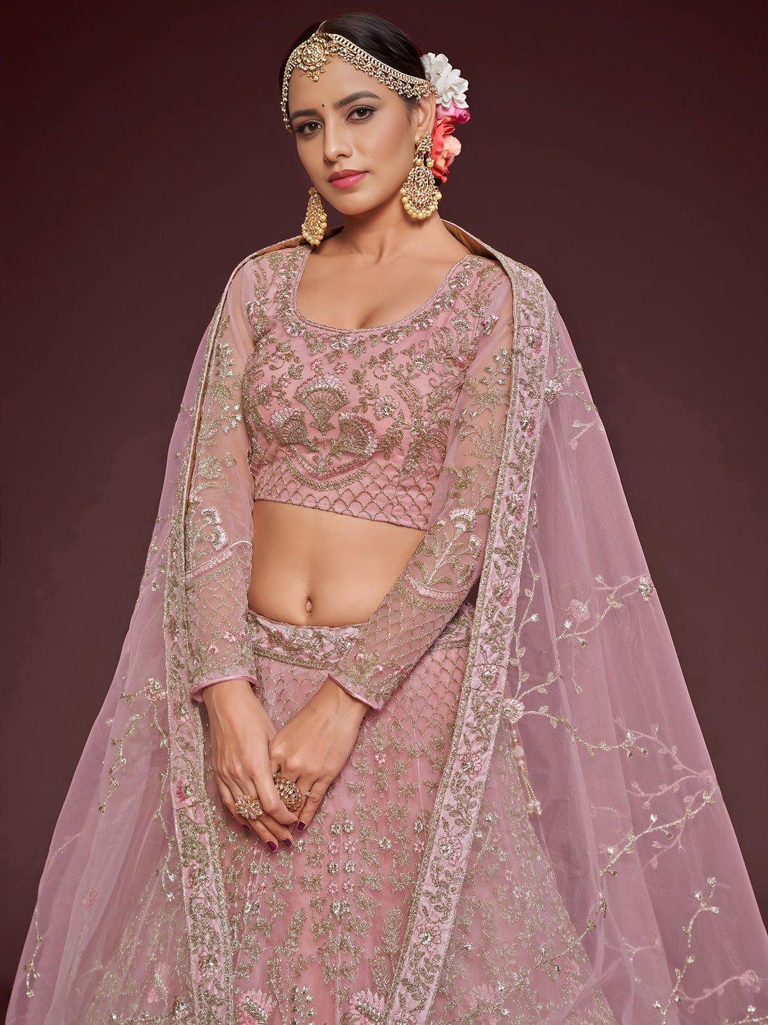 Appealing Pearl Pink Embroidered Soft Net Wedding Wear Lehenga Choli