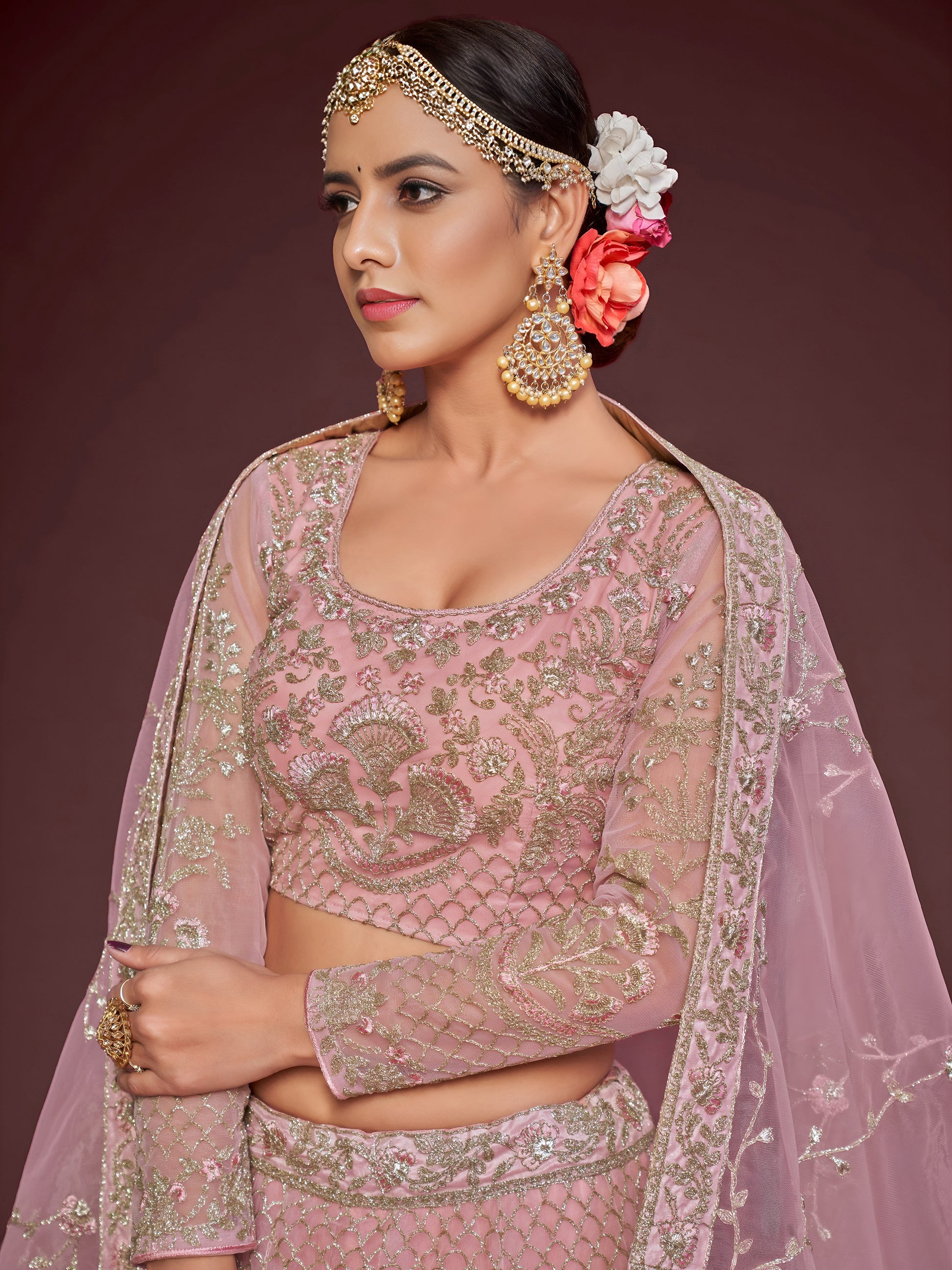 Appealing Pearl Pink Embroidered Soft Net Wedding Wear Lehenga Choli