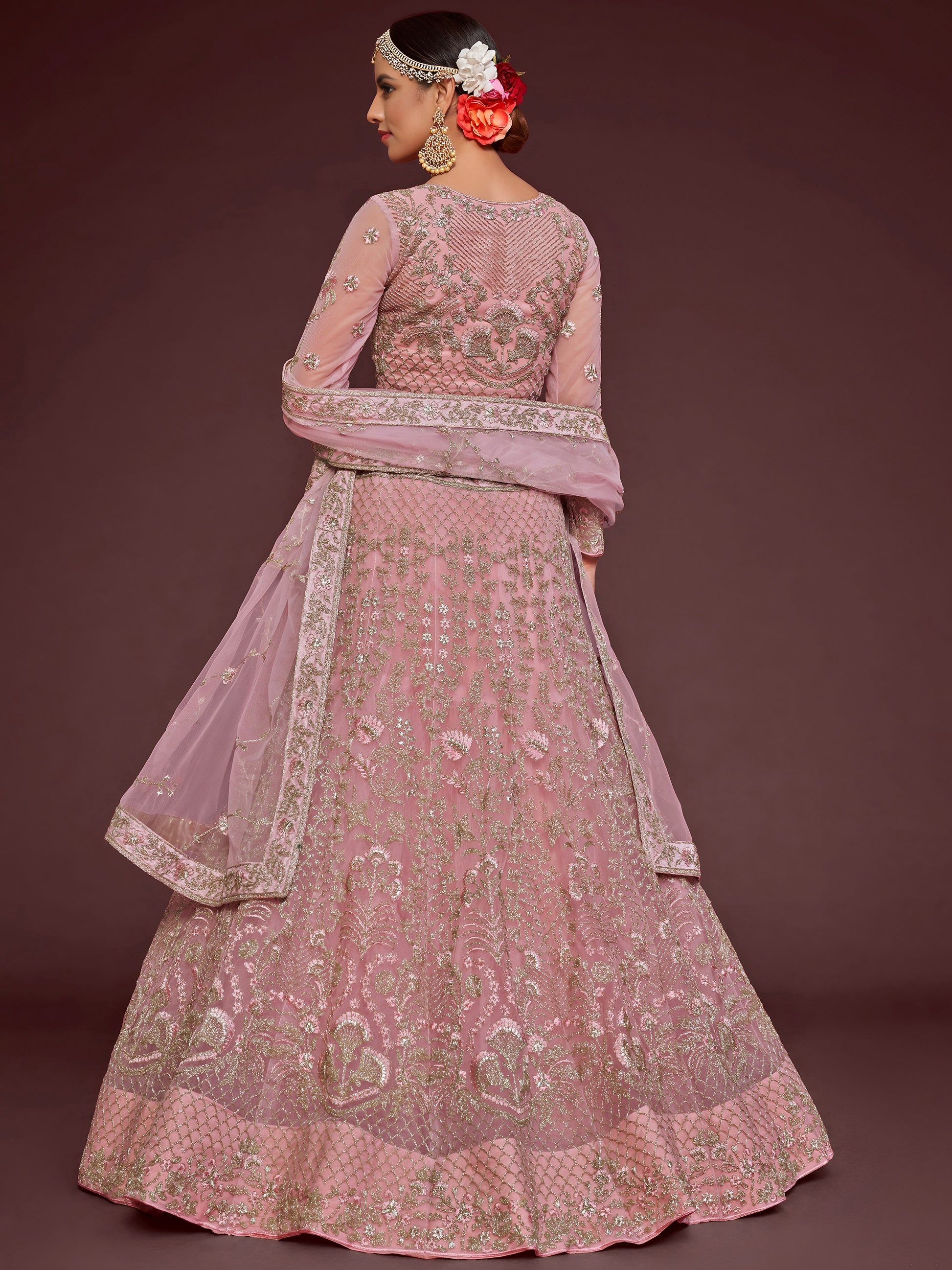 Appealing Pearl Pink Embroidered Soft Net Wedding Wear Lehenga Choli