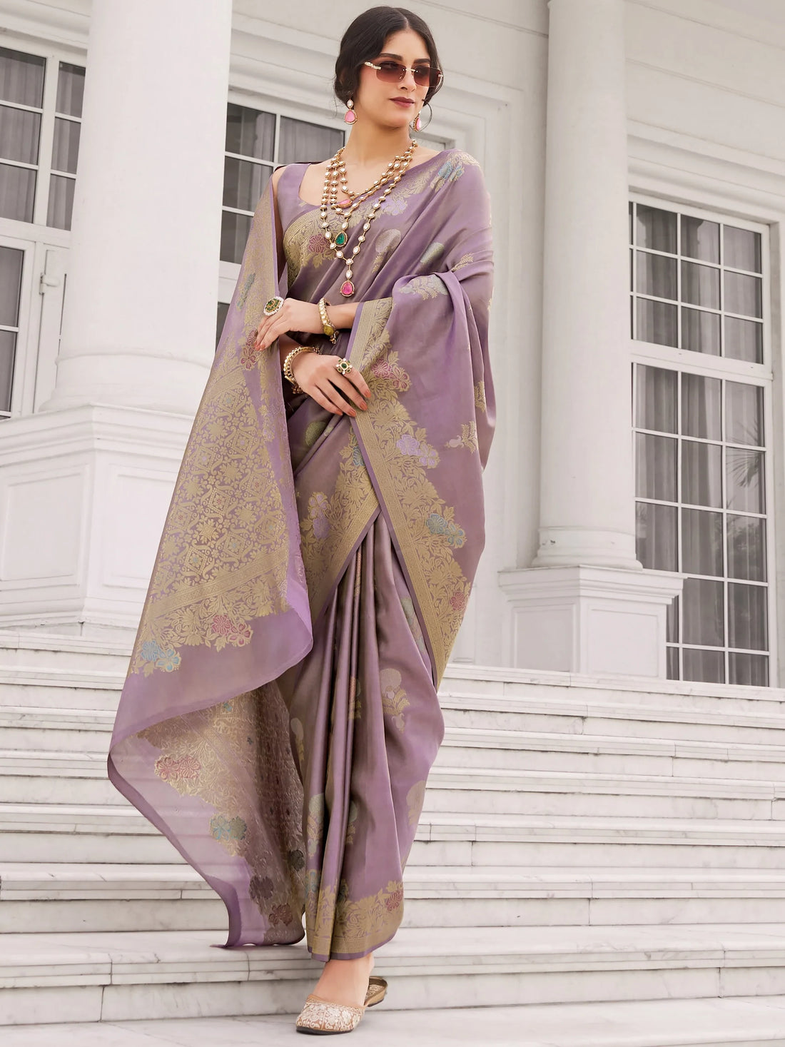 Beautiful Lavender Zari Weaving Silk Festive Wear Saree With Blouse
