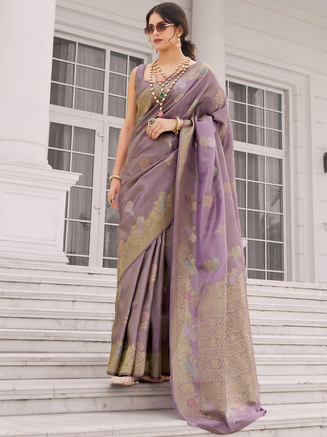 Beautiful Lavender Zari Weaving Silk Festive Wear Saree With Blouse
