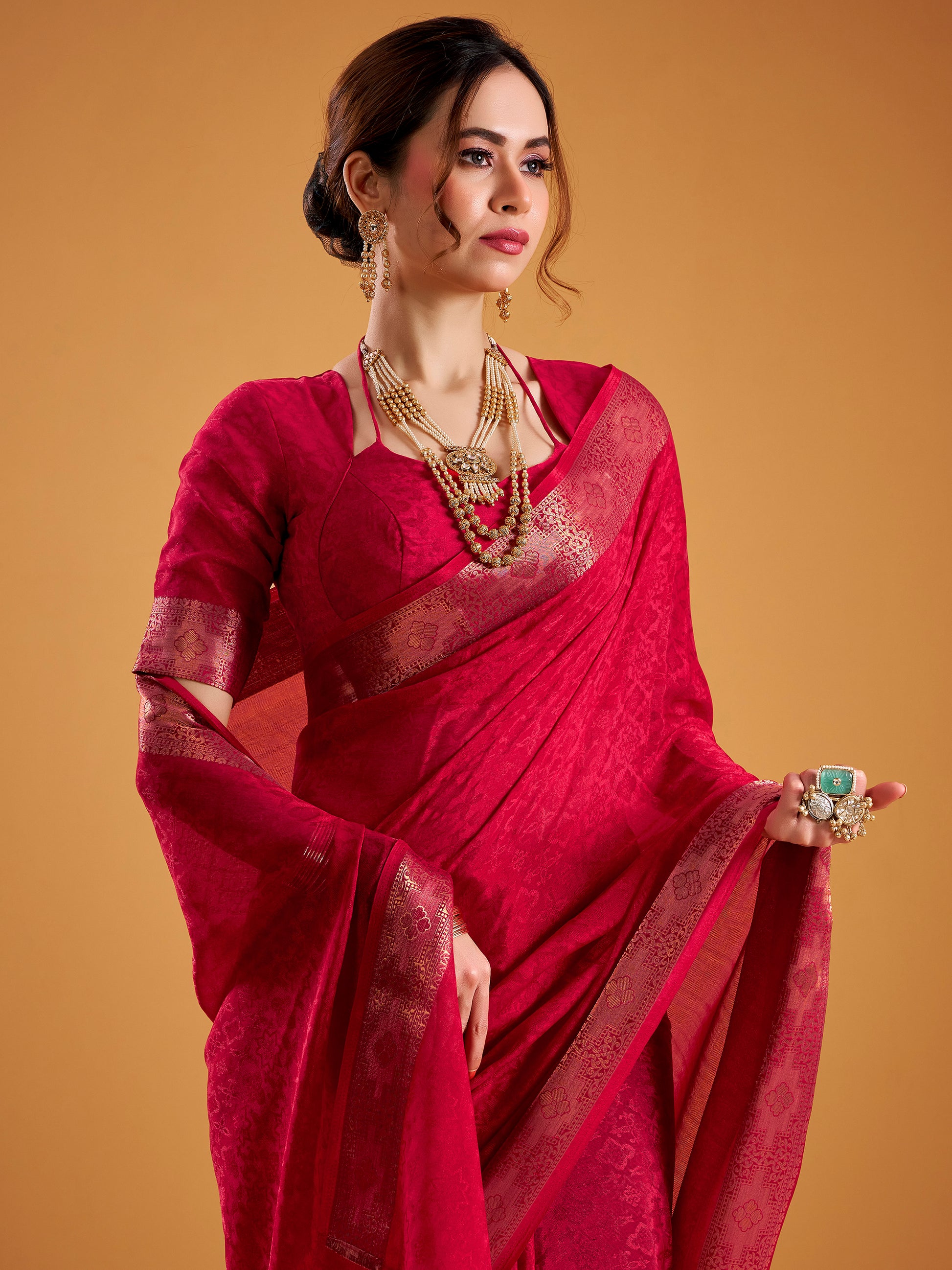 Precious Red Zari Weaving Georgette Festival Wear Saree With Blouse