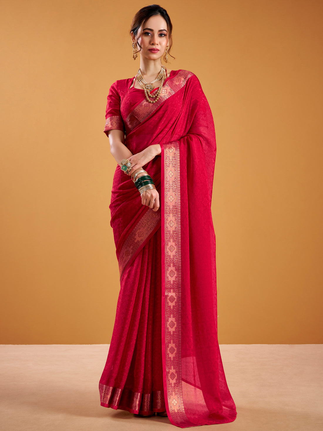 Precious Red Zari Weaving Georgette Festival Wear Saree With Blouse