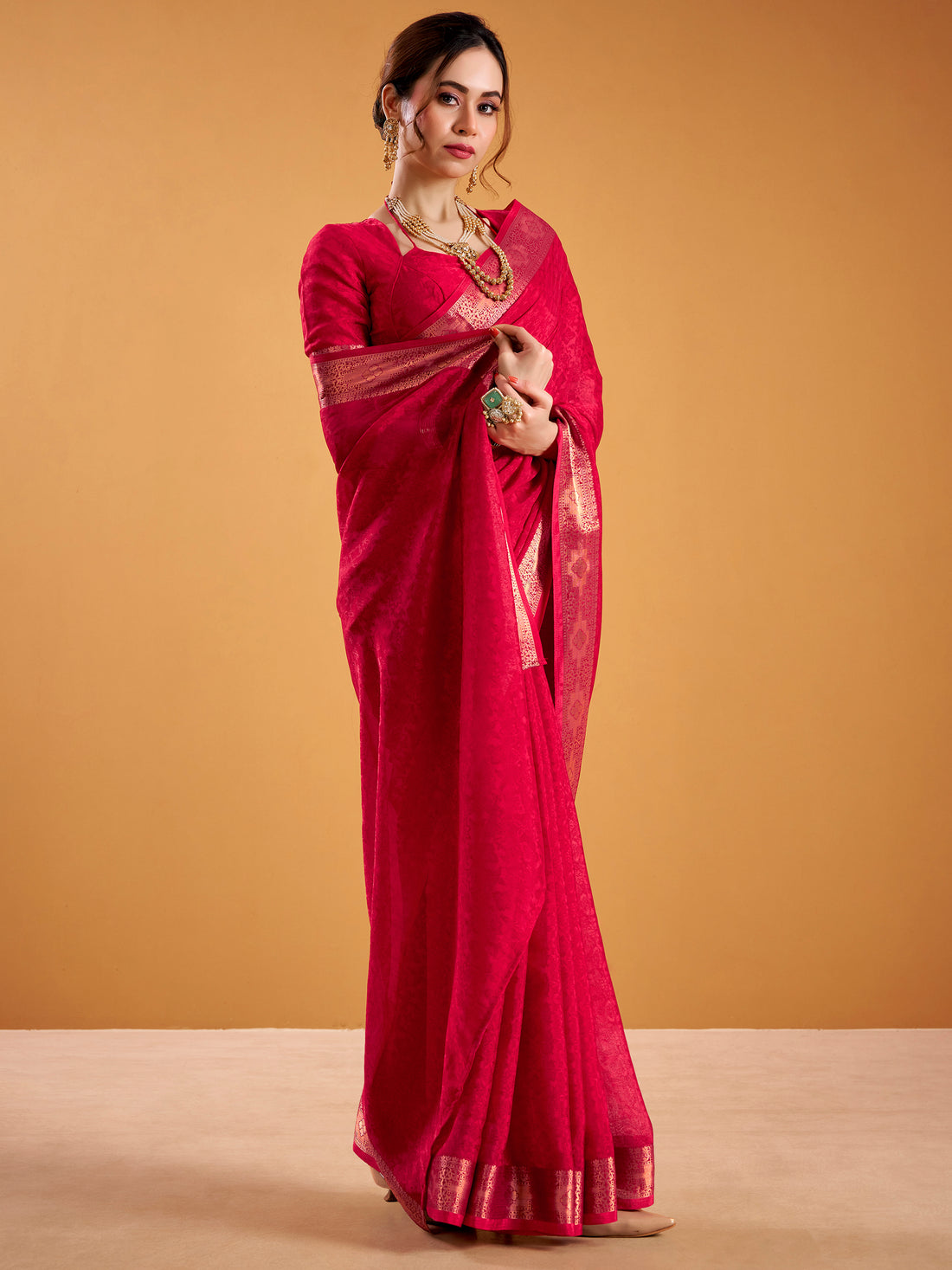 Precious Red Zari Weaving Georgette Festival Wear Saree With Blouse