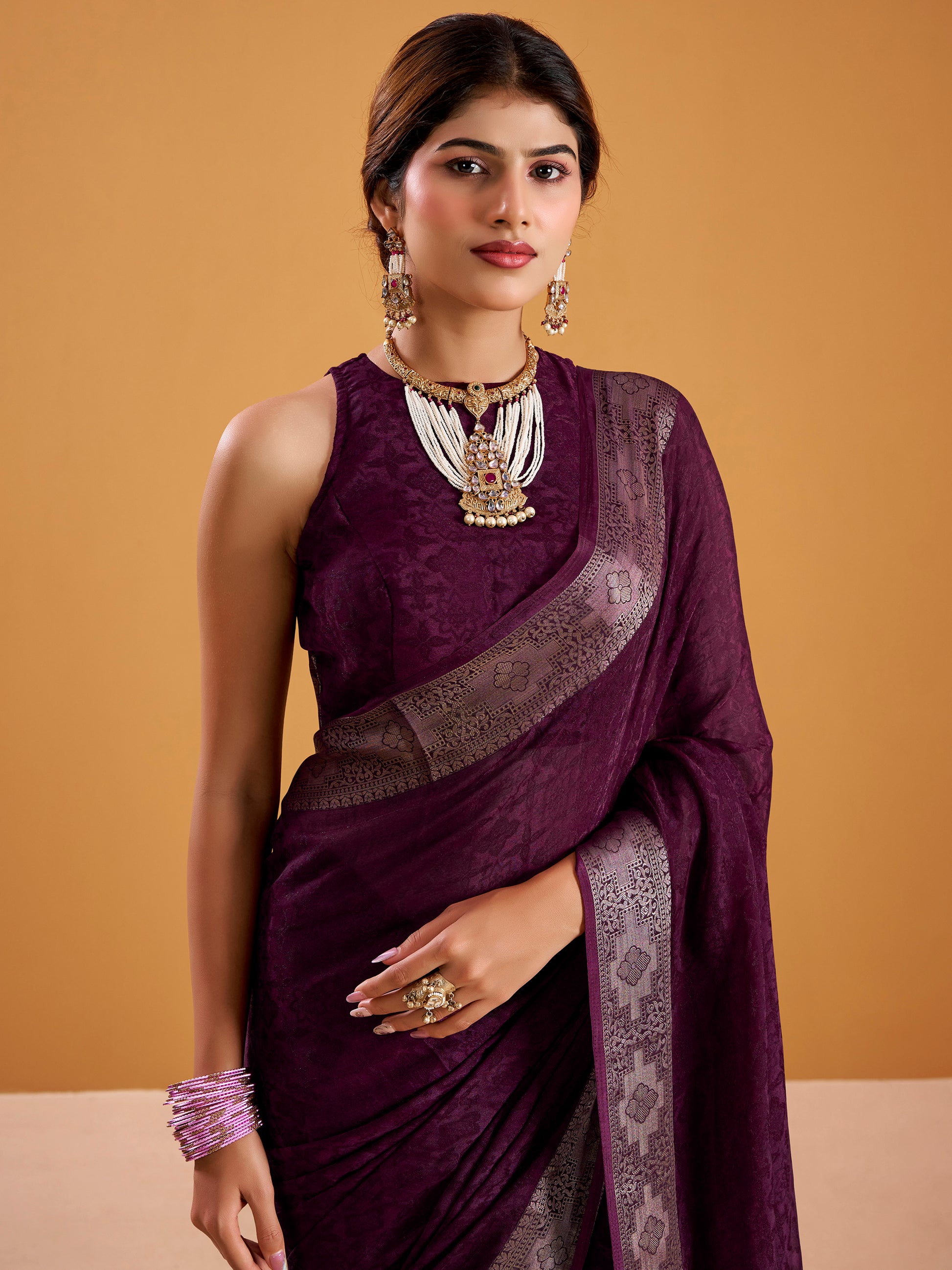 Attractive Wine Zari Weaving Silk Event Wear Saree With Blouse