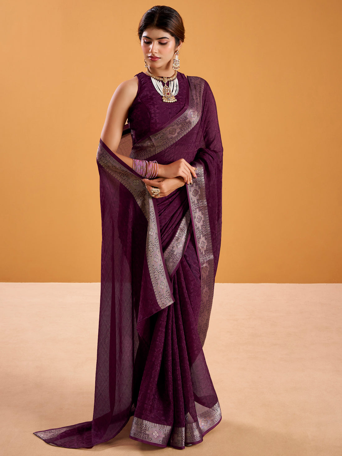 Attractive Wine Zari Weaving Silk Event Wear Saree With Blouse