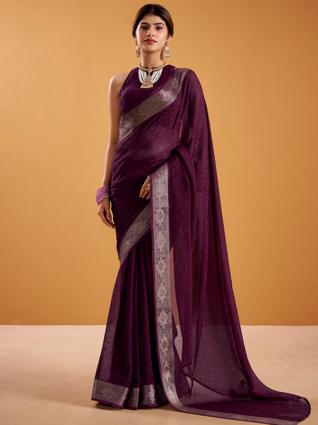 Attractive Wine Zari Weaving Silk Event Wear Saree With Blouse