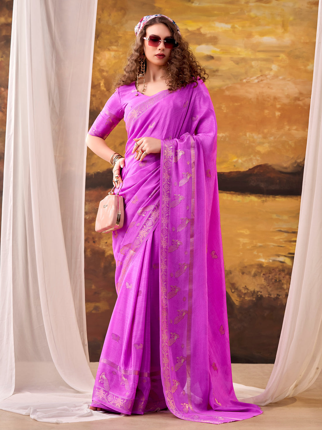 Enchanting Rani Pink Zari Weaving Crepe Festive Wear Saree With Blouse