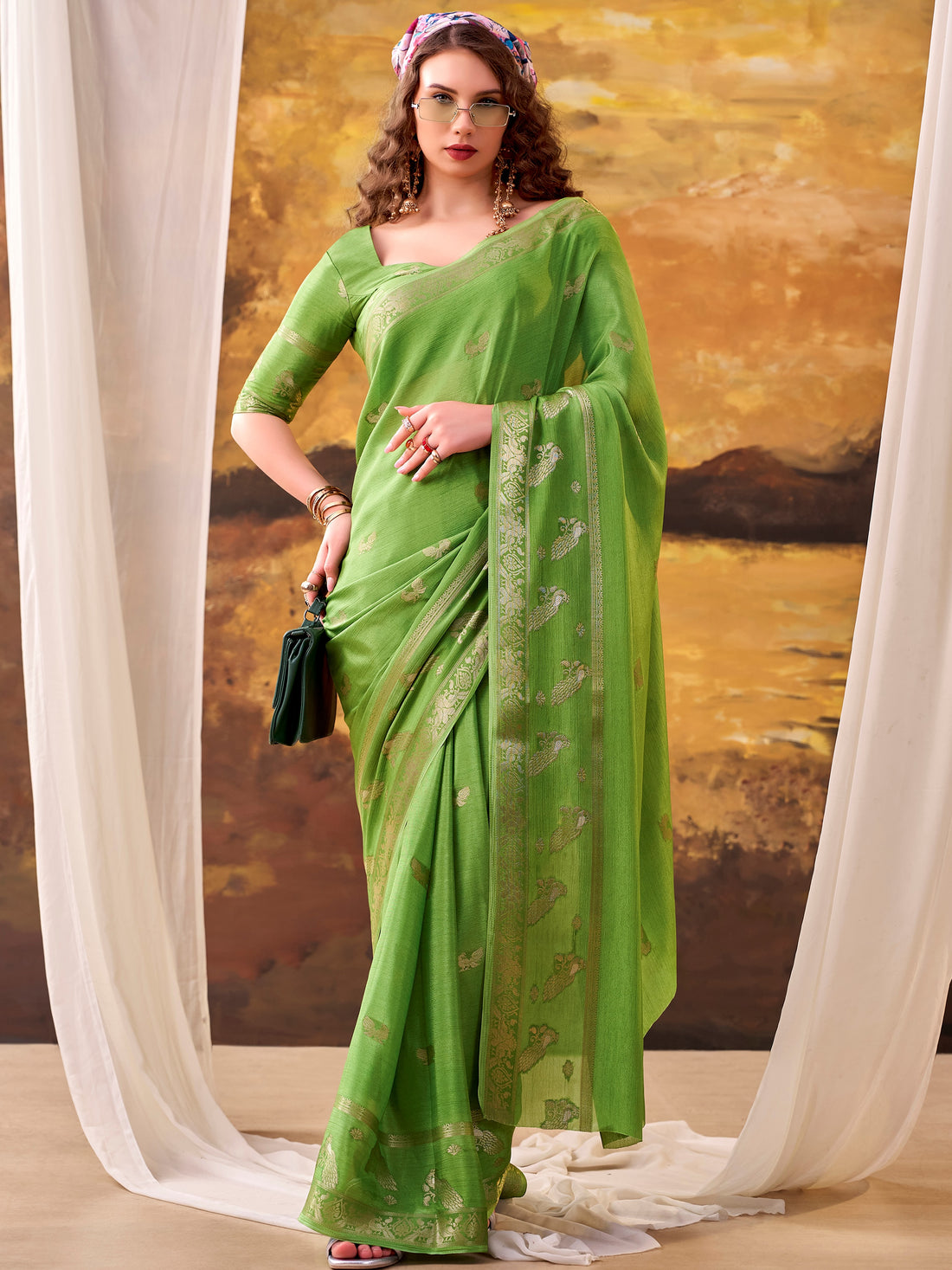 Alluring Parrot Green Zari Weaving Crepe Festive Wear Saree With Blouse