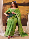 Alluring Parrot Green Zari Weaving Crepe Festive Wear Saree With Blouse